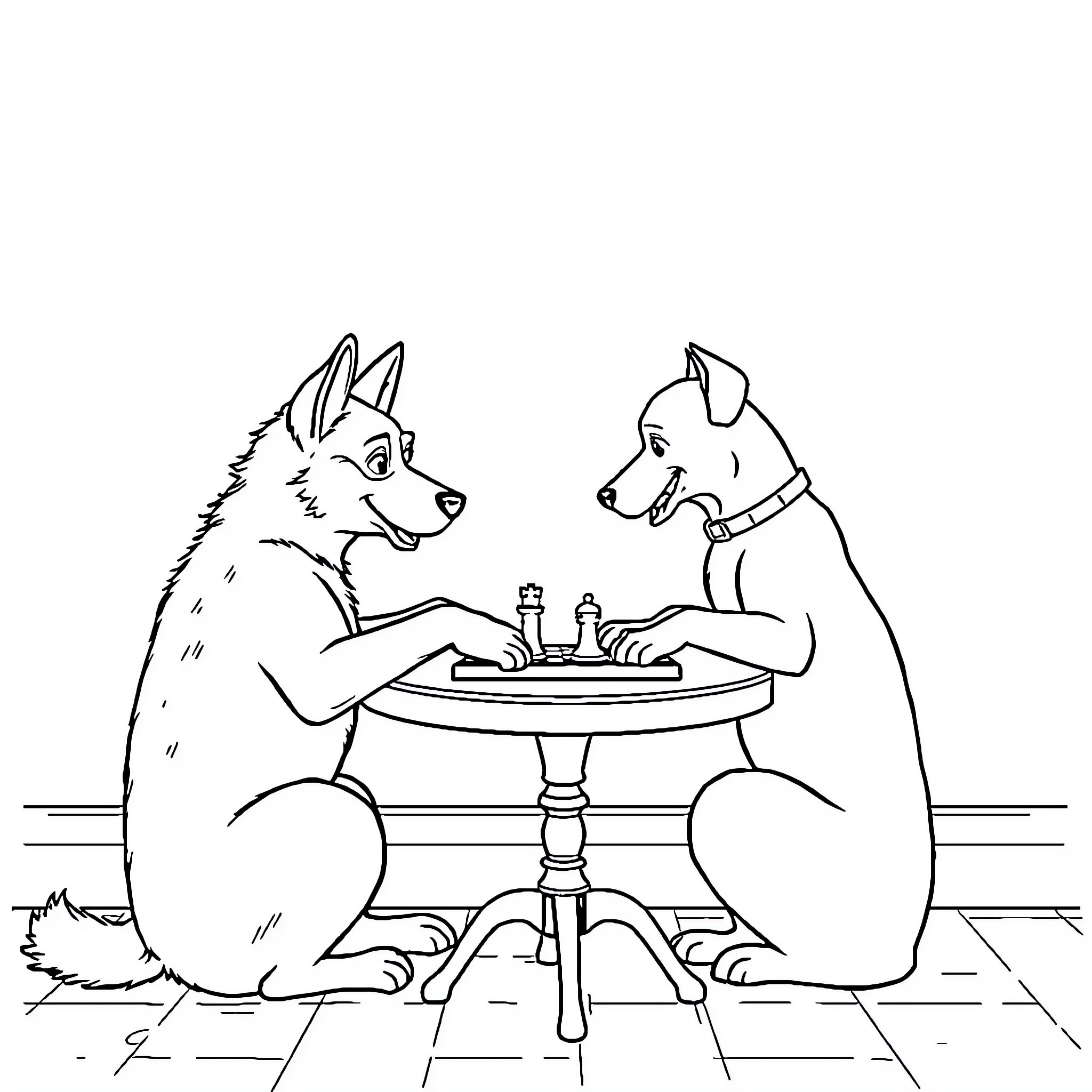 Kobe's Canine Chess Match Coloring Page (free black-and-white line drawing printable PDF for all, from beginners to advanced learners, including children, teens, adults, and seniors)