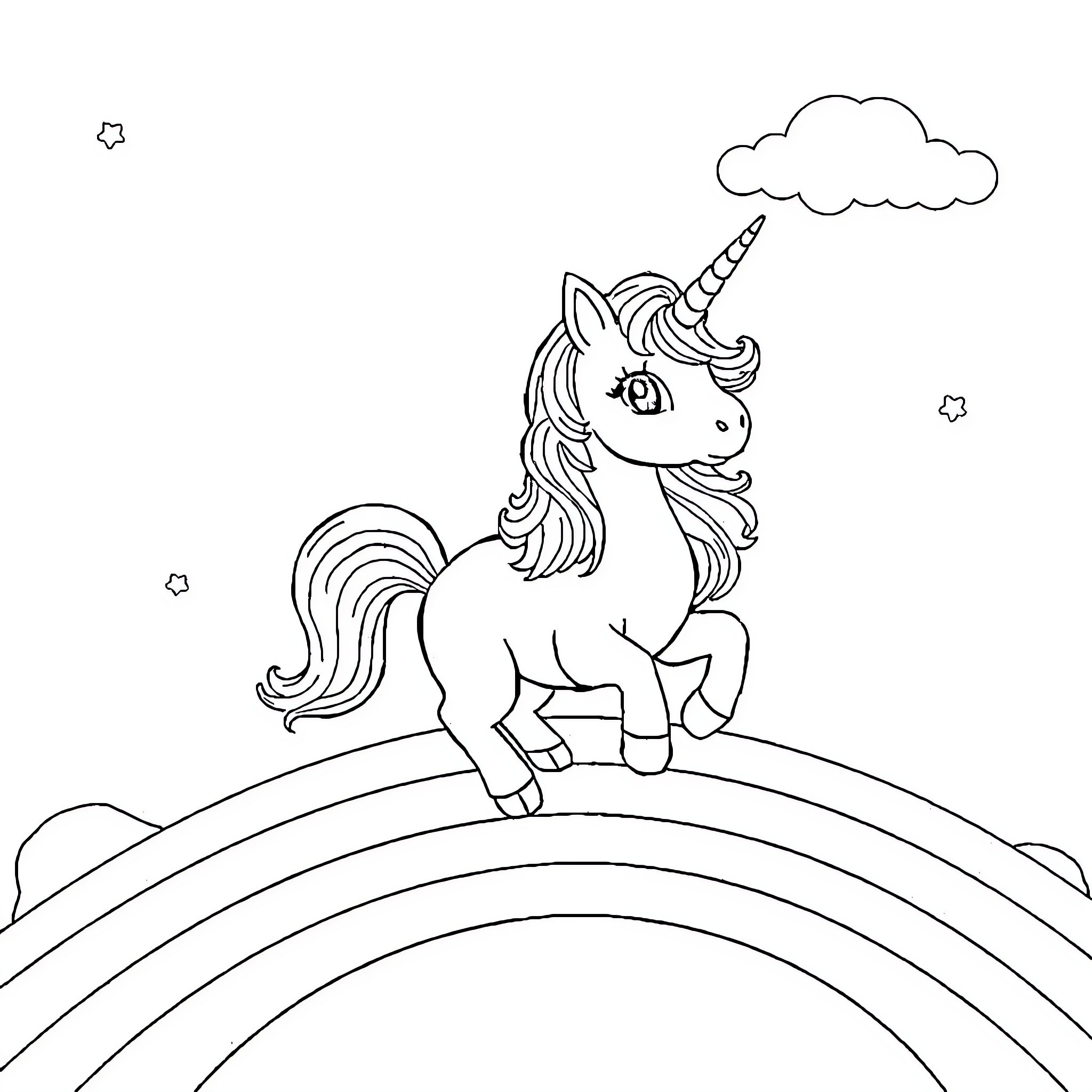 Kitten Unicorn Playing on a Rainbow Coloring Page (free black-and-white line drawing printable PDF for all, from beginners to advanced learners, including children, teens, adults, and seniors)