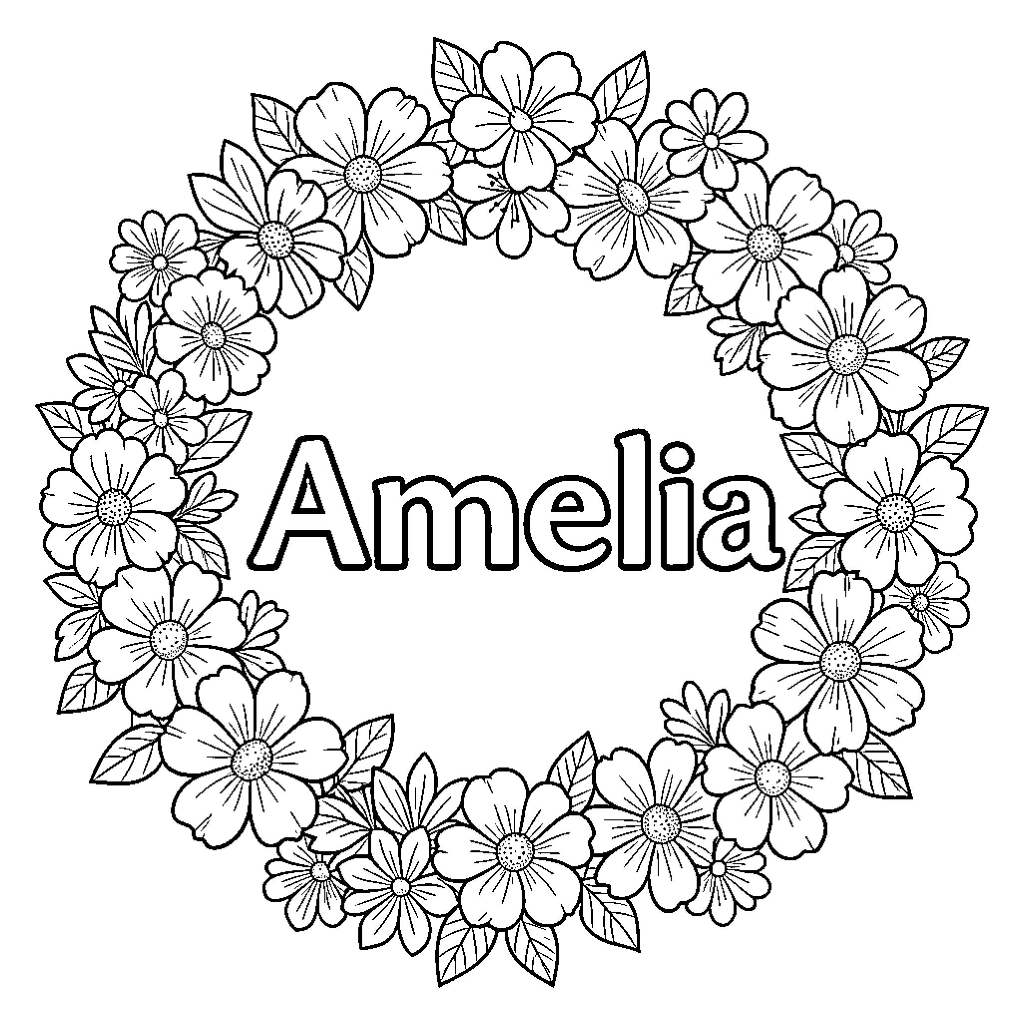 Amelia surrounded by a beautiful floral wreath Coloring Page (free black-and-white line drawing printable PDF for all, from beginners to advanced learners, including children, teens, adults, and seniors)