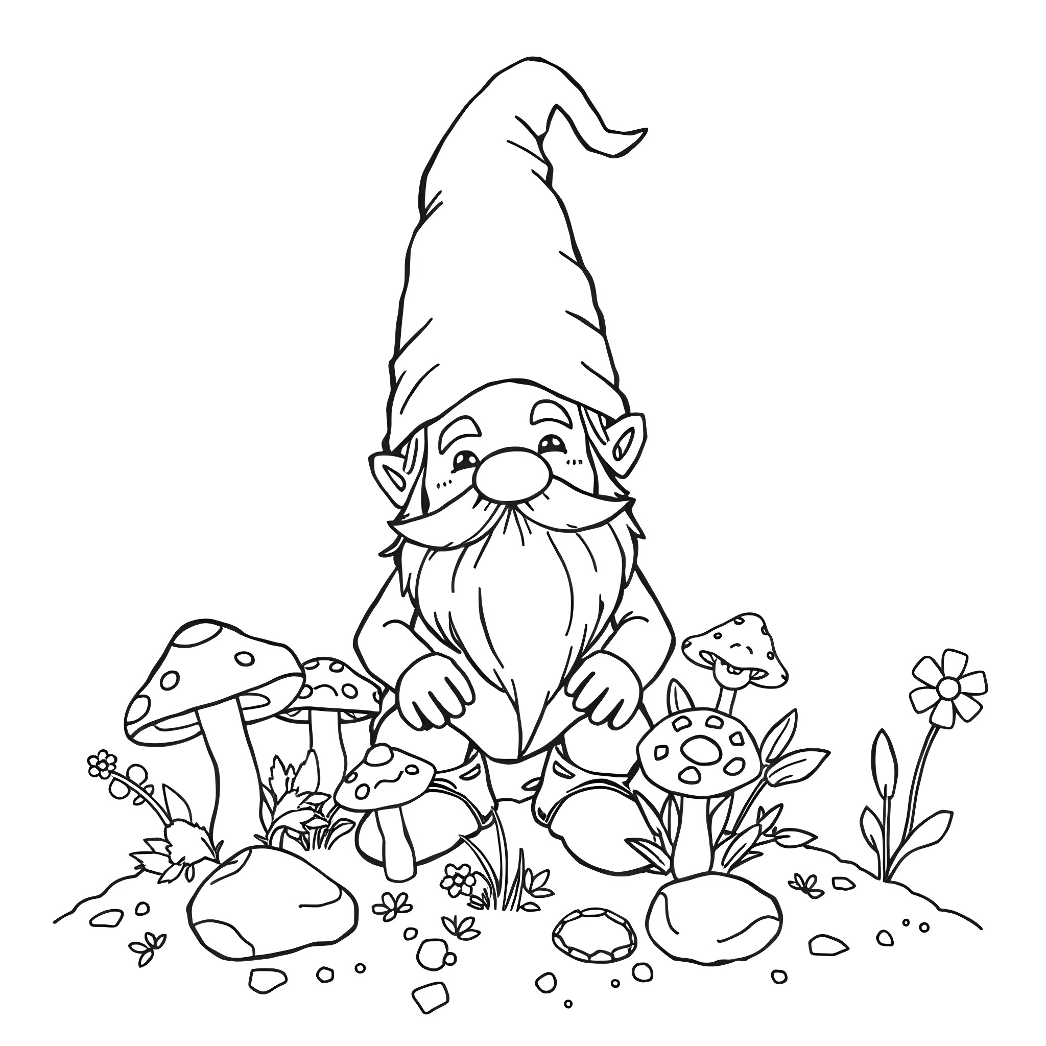 Gnome enjoying the garden with mushrooms and flowers Coloring Page (free black-and-white line drawing printable PDF for all, from beginners to advanced learners, including children, teens, adults, and seniors)
