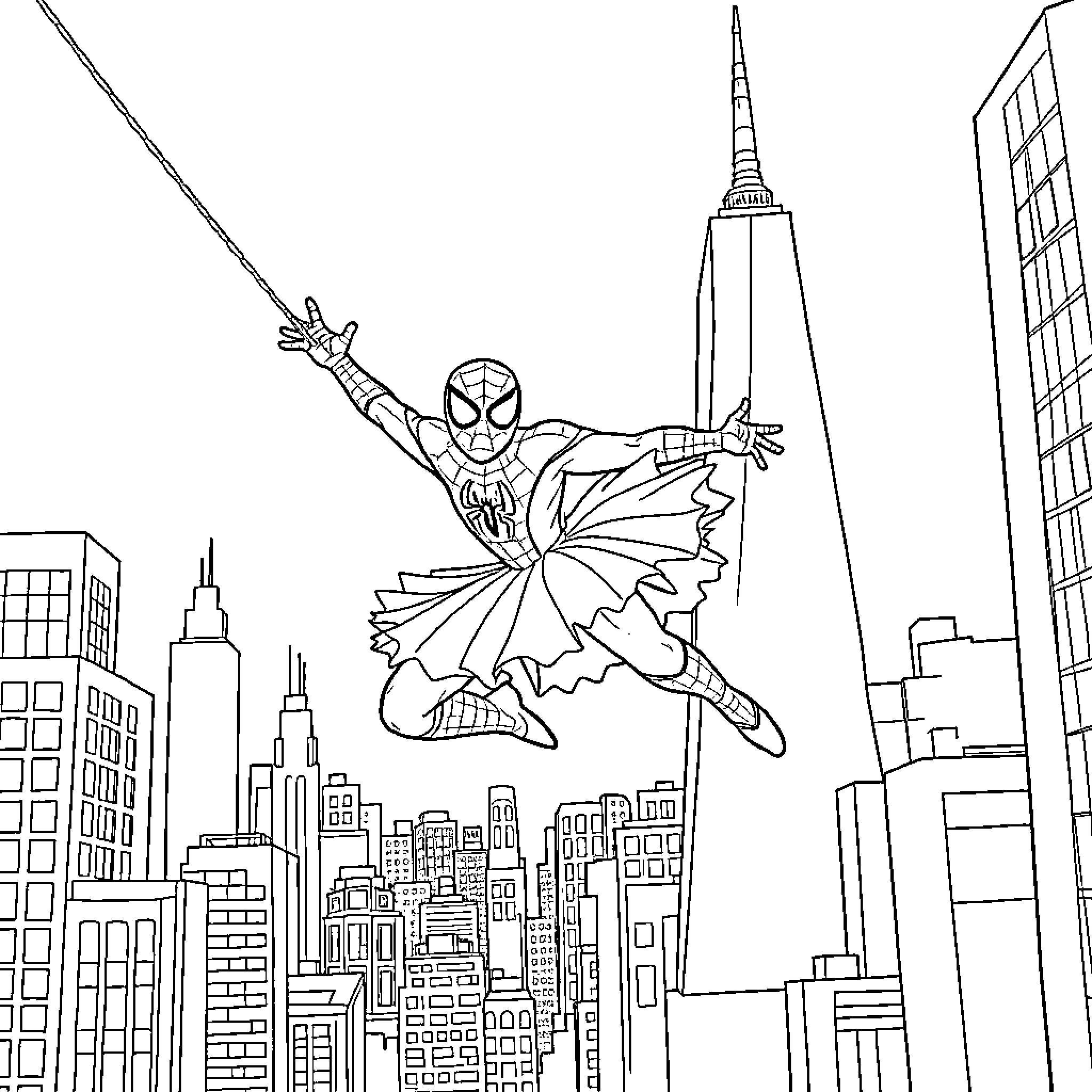 Spiderman swinging over the city skyline Coloring Page (free black-and-white line drawing printable PDF for all, from beginners to advanced learners, including children, teens, adults, and seniors)