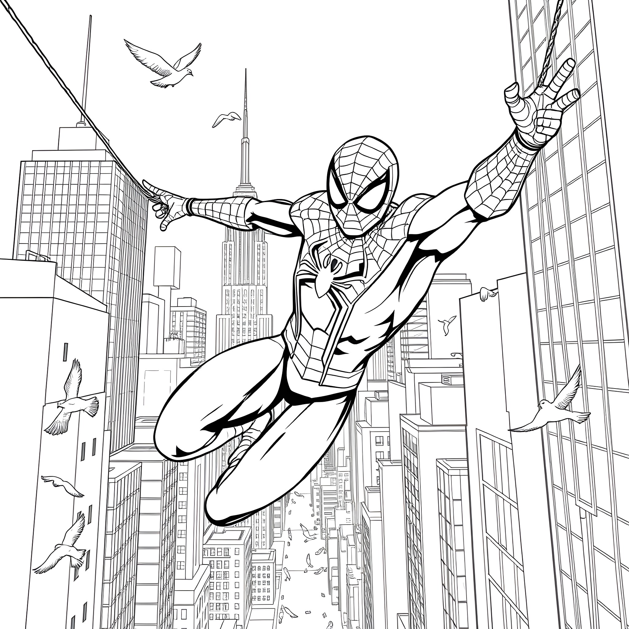 Spiderman swinging through the city Coloring Page (free black-and-white line drawing printable PDF for all, from beginners to advanced learners, including children, teens, adults, and seniors)