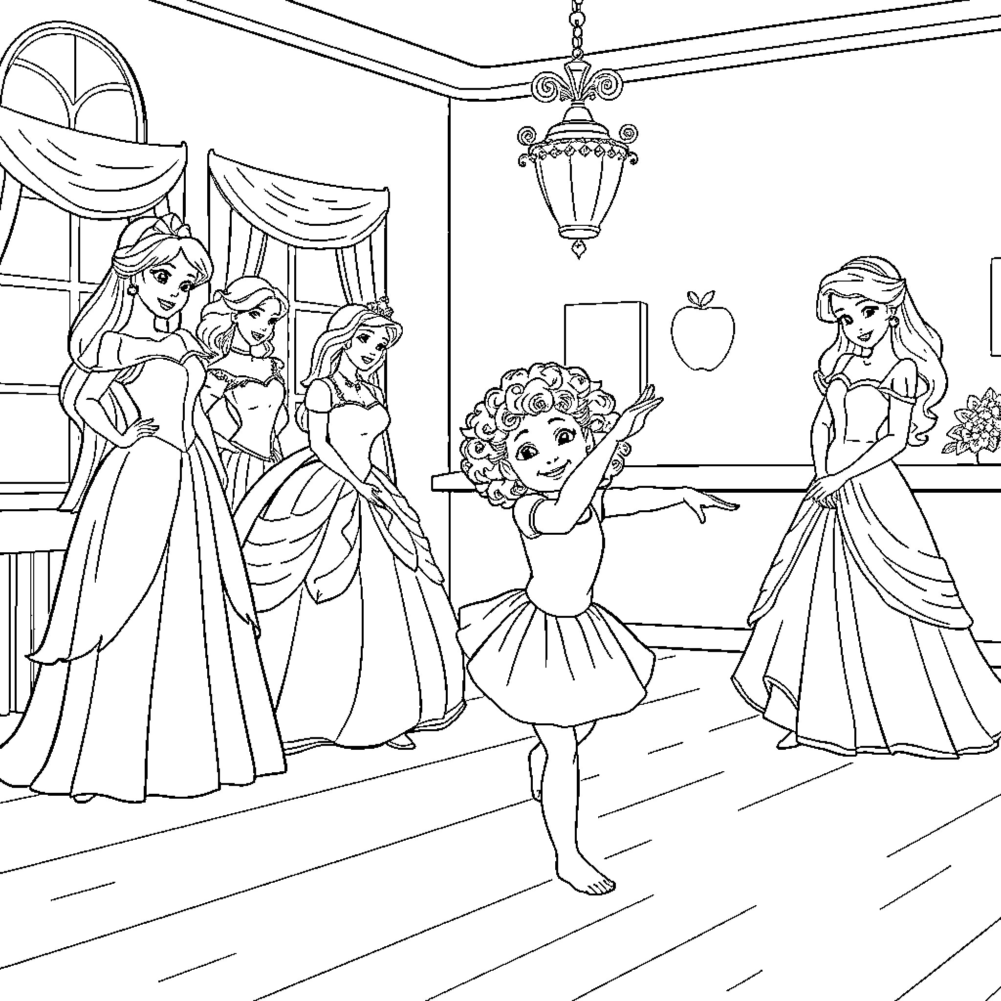 Disney Princess Ballerina Dancing with Elegant Princesses Coloring Page (free black-and-white line drawing printable PDF for all, from beginners to advanced learners, including children, teens, adults, and seniors)