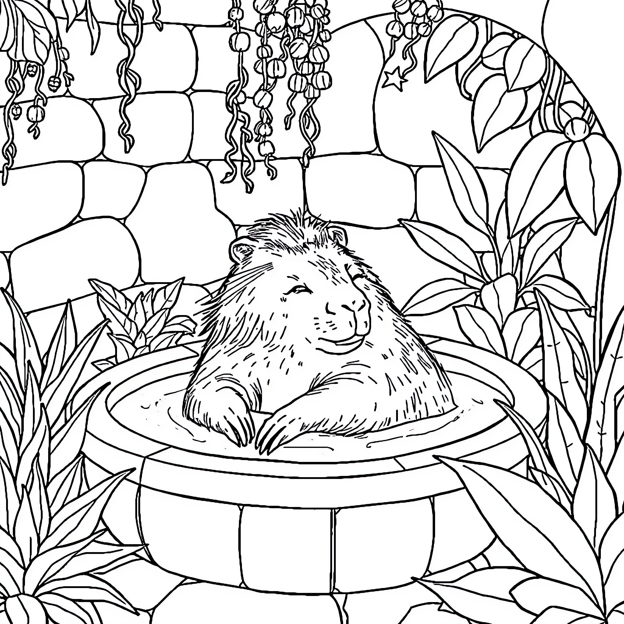 Capybara relaxing in a garden oasis Coloring Page (free black-and-white line drawing printable PDF for all, from beginners to advanced learners, including children, teens, adults, and seniors)