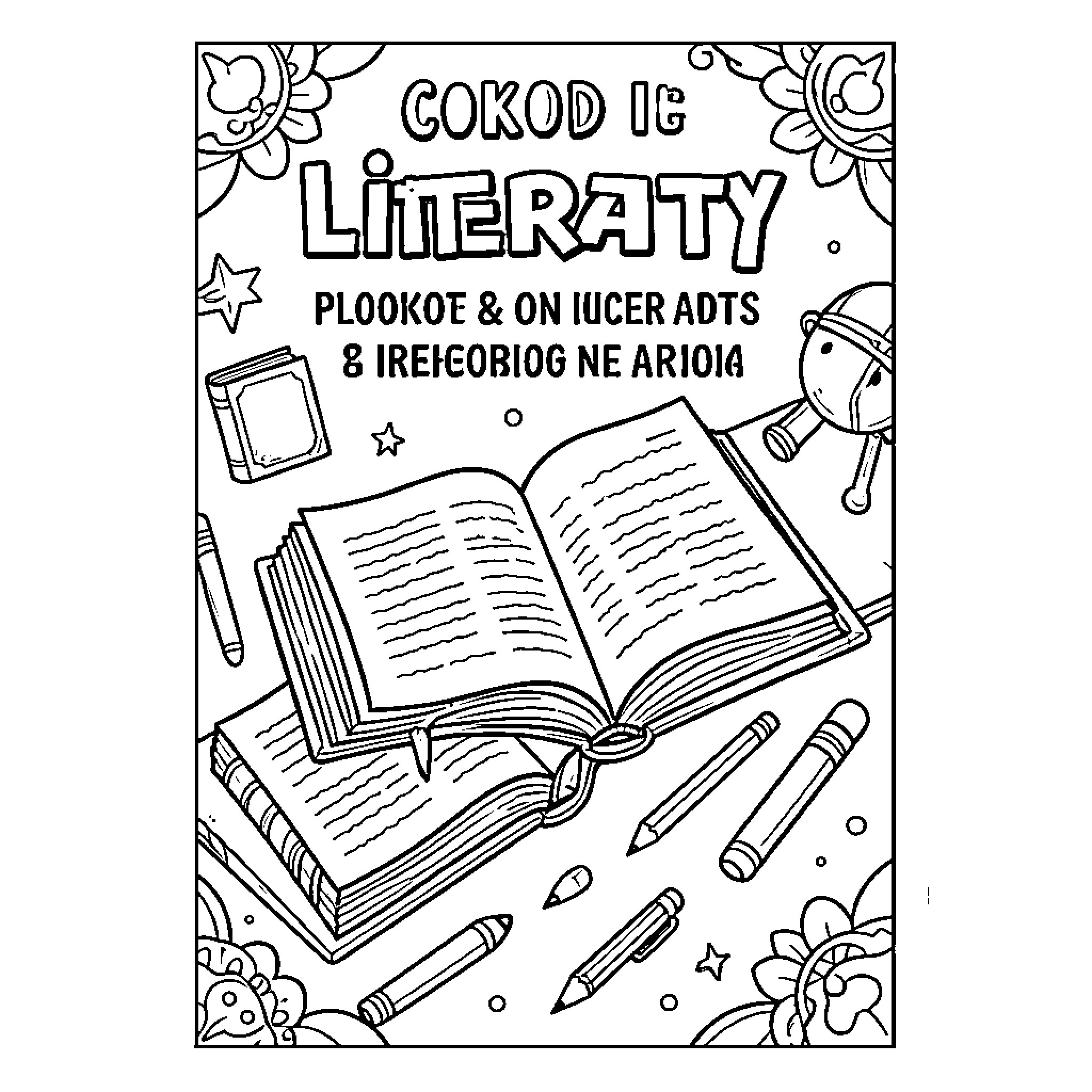 Book with open pages and writing tools Coloring Page (free black-and-white line drawing printable PDF for all, from beginners to advanced learners, including children, teens, adults, and seniors)
