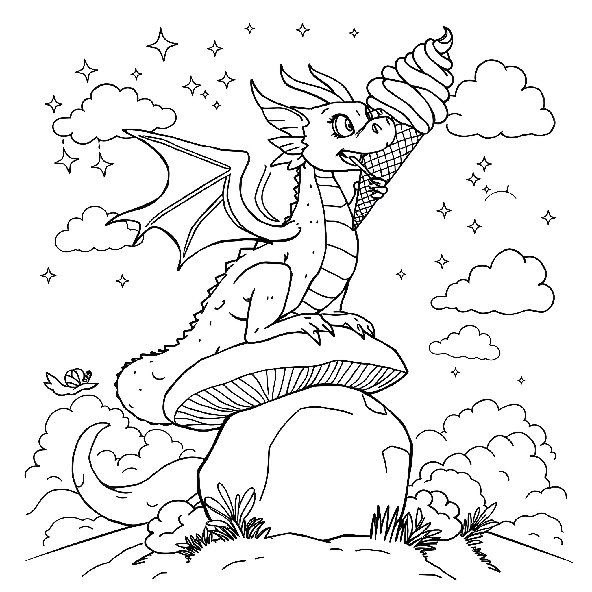 Mythical Creature Dragon Resting on Mushroom in Starry Sky Coloring Page (free black-and-white line drawing printable PDF for all, from beginners to advanced learners, including children, teens, adults, and seniors)