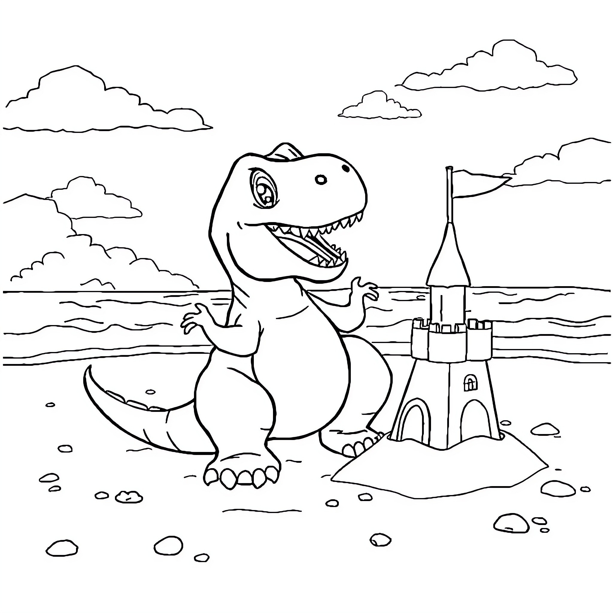 T-Rex building a sandcastle on the beach Coloring Page (free black-and-white line drawing printable PDF for all, from beginners to advanced learners, including children, teens, adults, and seniors)