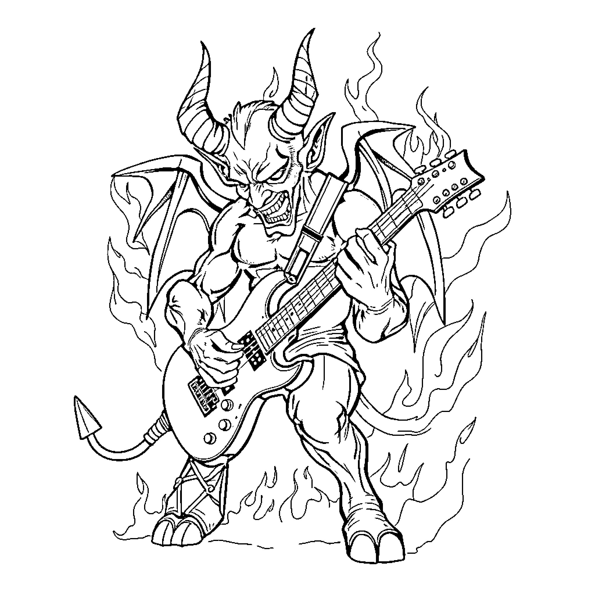 Devil Demon Shredding Electric Guitar in Flames Coloring Page (free black-and-white line drawing printable PDF for all, from beginners to advanced learners, including children, teens, adults, and seniors)