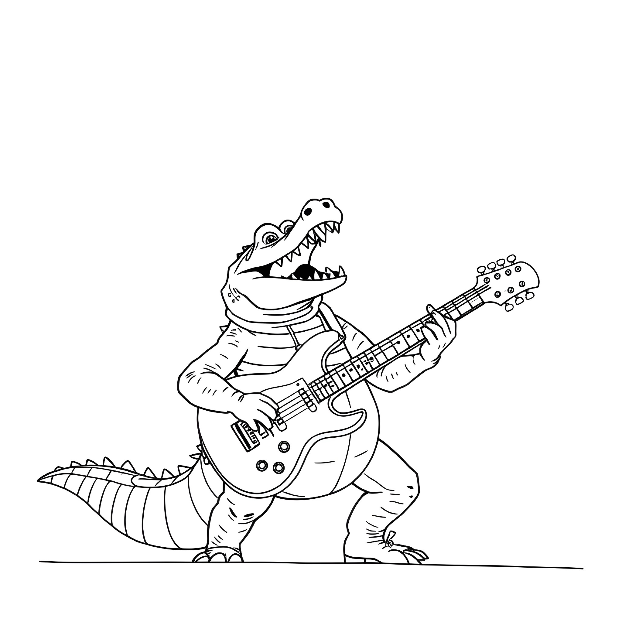 Crocodile rocking out with electric guitar Coloring Page (free black-and-white line drawing printable PDF for all, from beginners to advanced learners, including children, teens, adults, and seniors)
