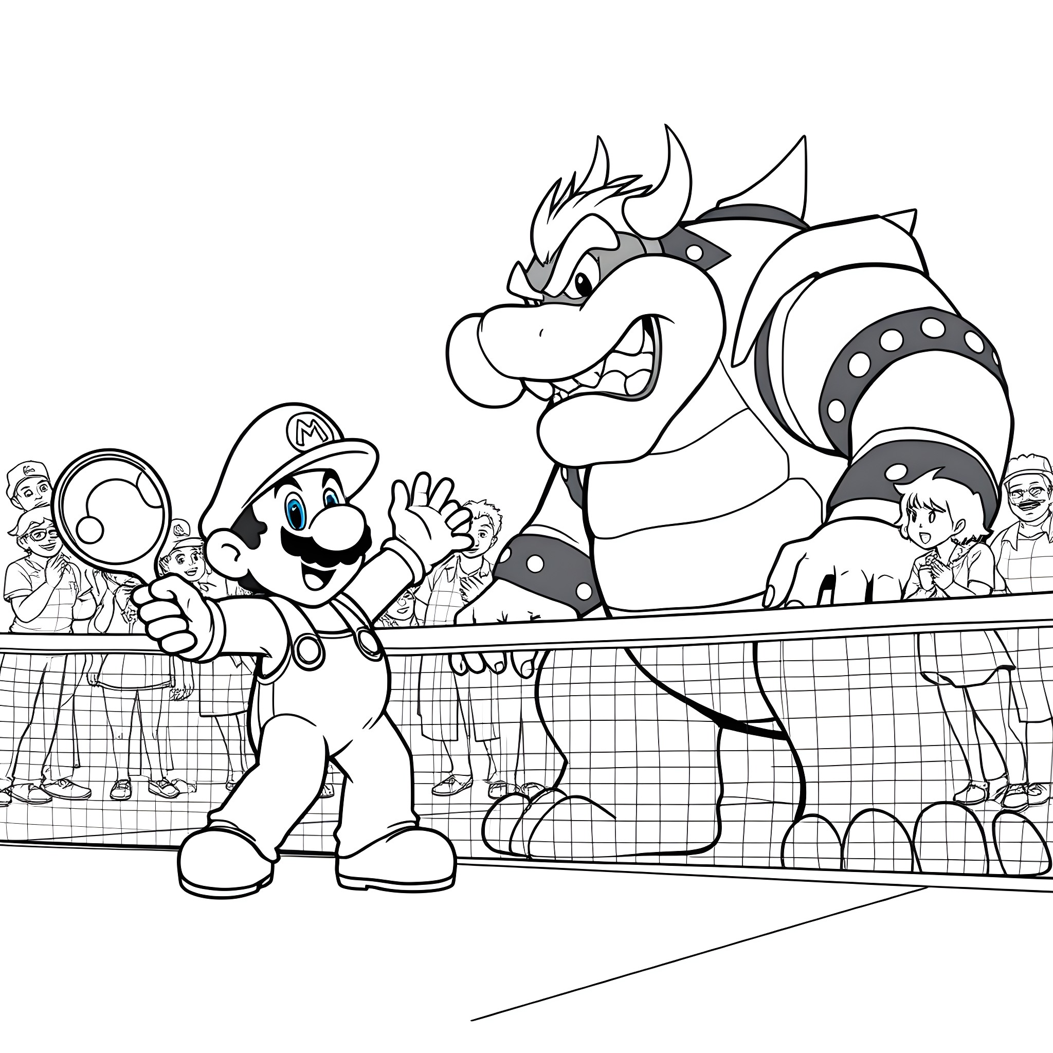 Mario taking on a fierce dragon in a tennis match Coloring Page (free black-and-white line drawing printable PDF for all, from beginners to advanced learners, including children, teens, adults, and seniors)