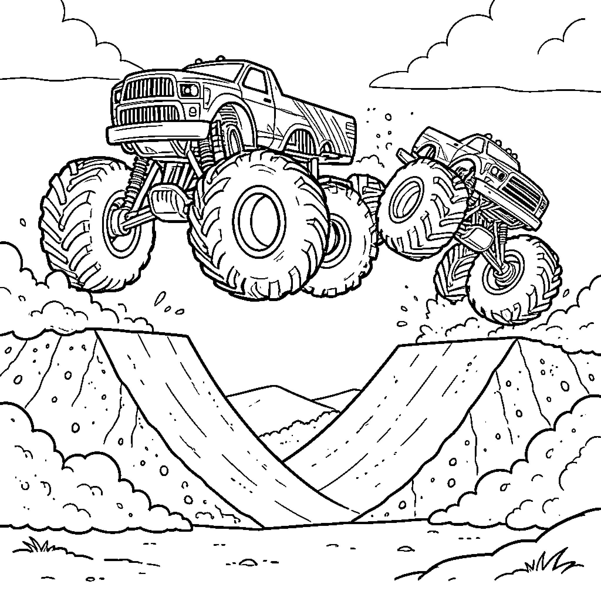 Monster Trucks Jumping Over Rugged Terrain Coloring Page (free black-and-white line drawing printable PDF for all, from beginners to advanced learners, including children, teens, adults, and seniors)