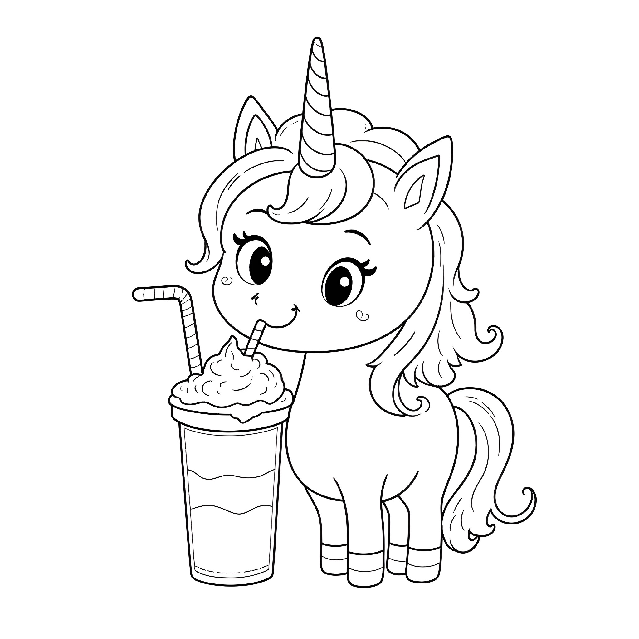 Unicorn Enjoying a Refreshing Beverage Coloring Page (free black-and-white line drawing printable PDF for all, from beginners to advanced learners, including children, teens, adults, and seniors)