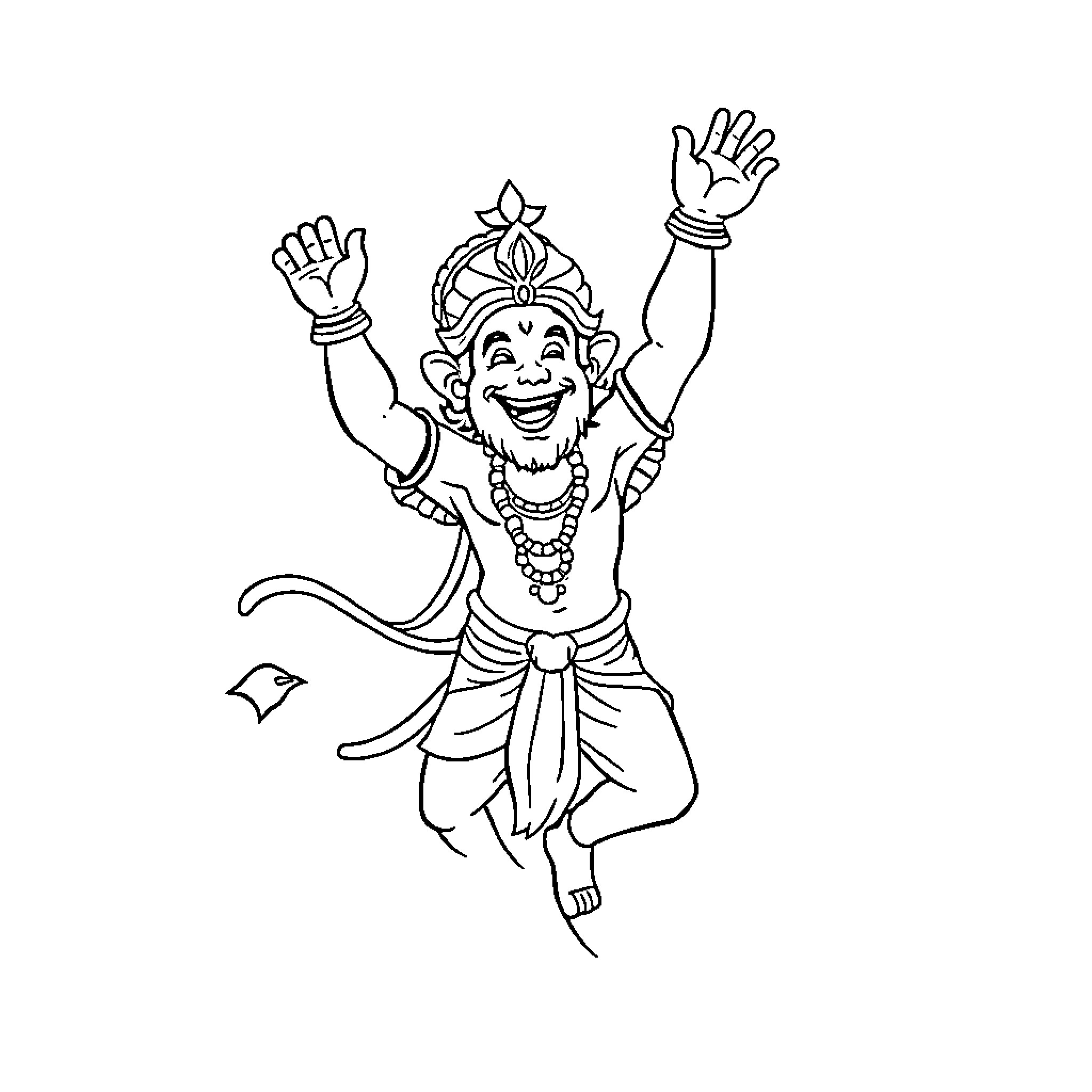 Hanuman performing joyful dance with raised hands Coloring Page (free black-and-white line drawing printable PDF for all, from beginners to advanced learners, including children, teens, adults, and seniors)