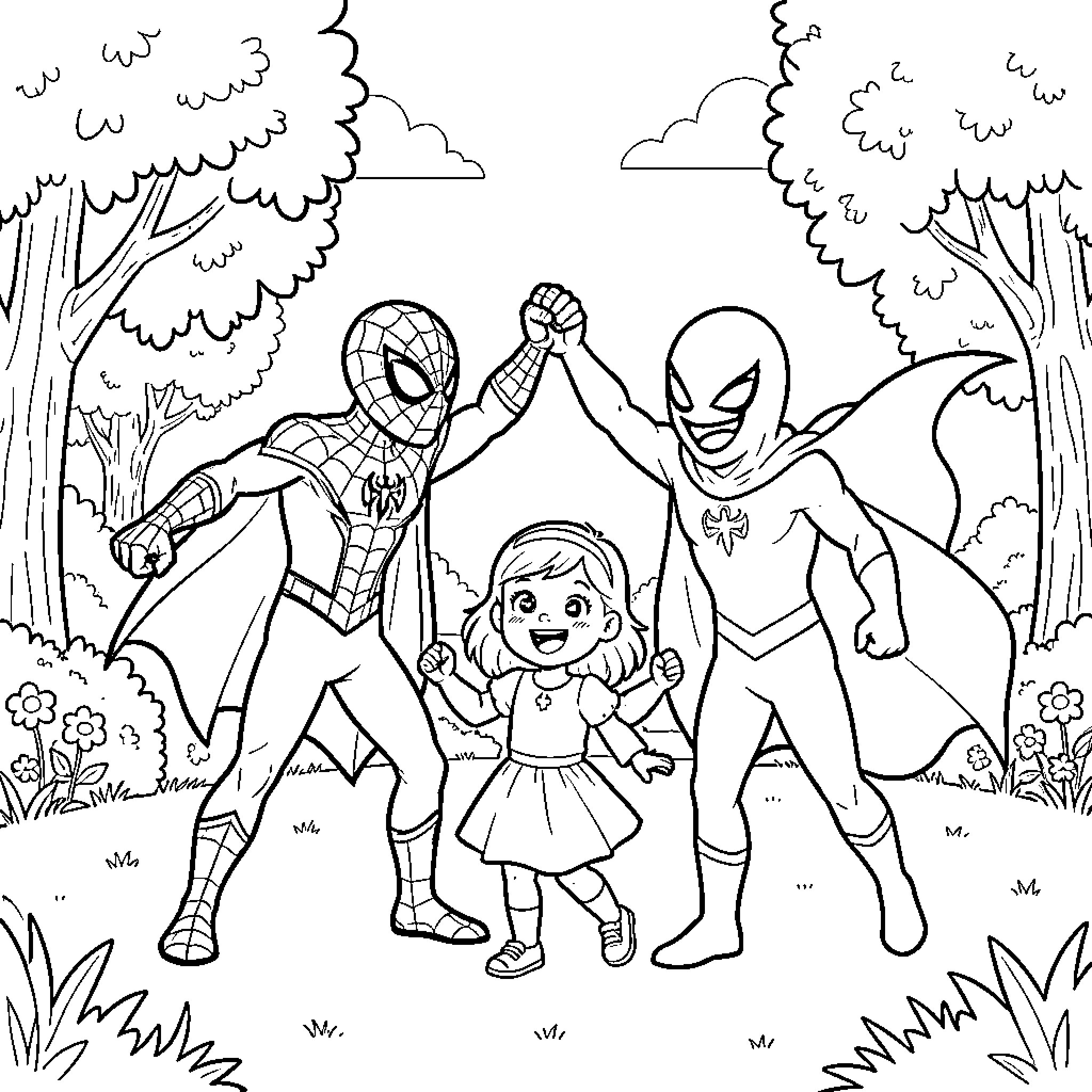 Spider heroes helping young girl in the forest Coloring Page (free black-and-white line drawing printable PDF for all, from beginners to advanced learners, including children, teens, adults, and seniors)