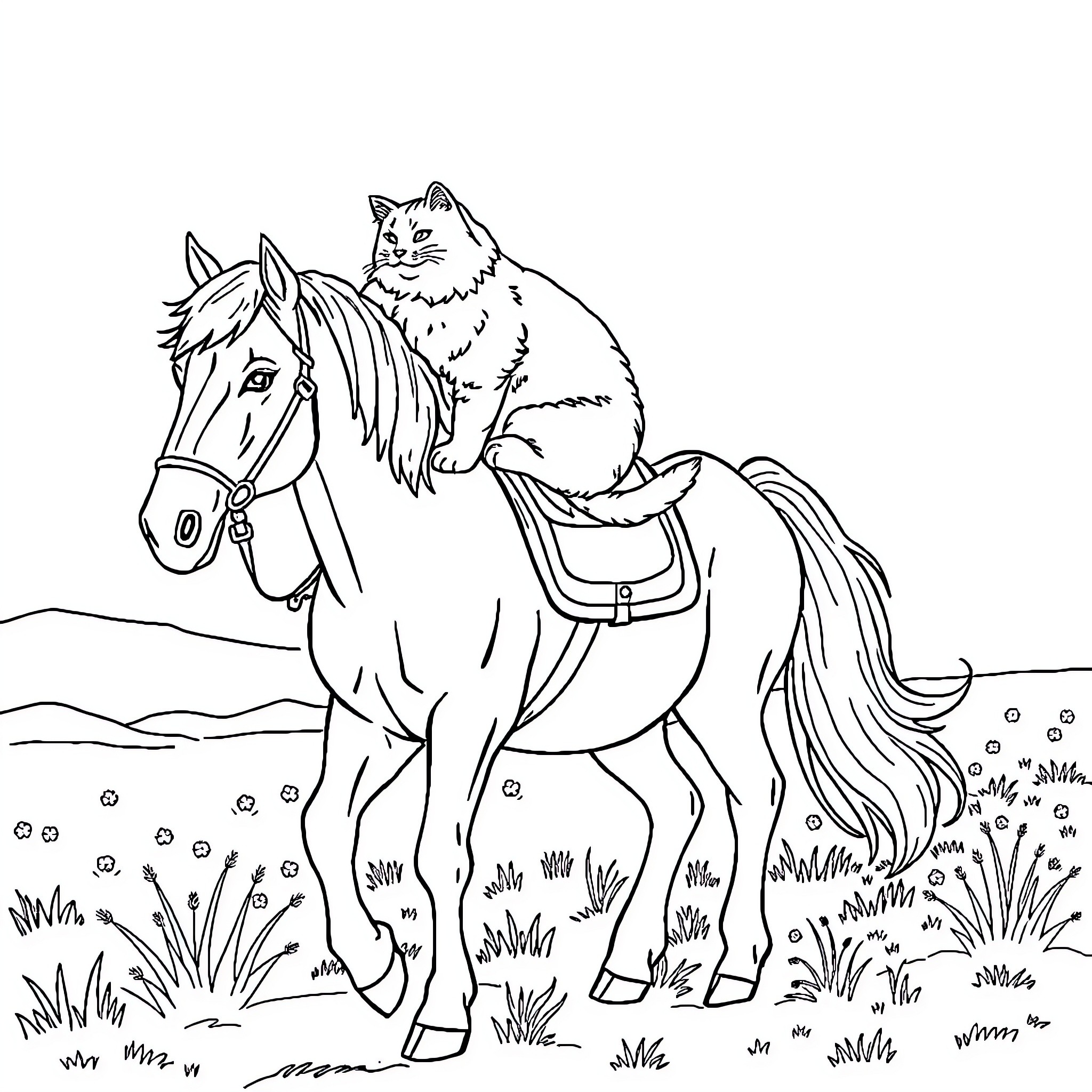 Cat riding atop a horse in nature Coloring Page (free black-and-white line drawing printable PDF for all, from beginners to advanced learners, including children, teens, adults, and seniors)