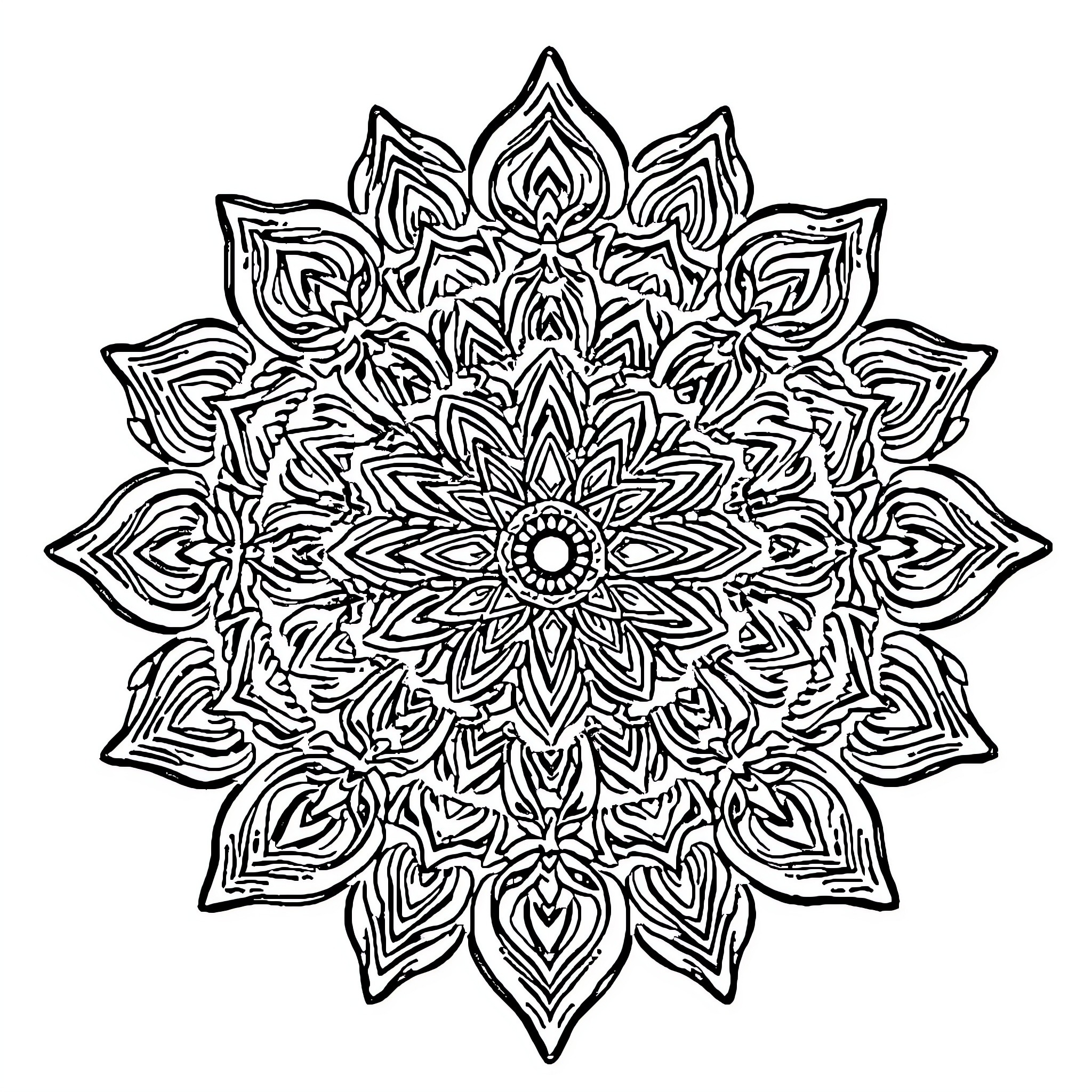 Mandala of intricate floral patterns Coloring Page (free black-and-white line drawing printable PDF for all, from beginners to advanced learners, including children, teens, adults, and seniors)