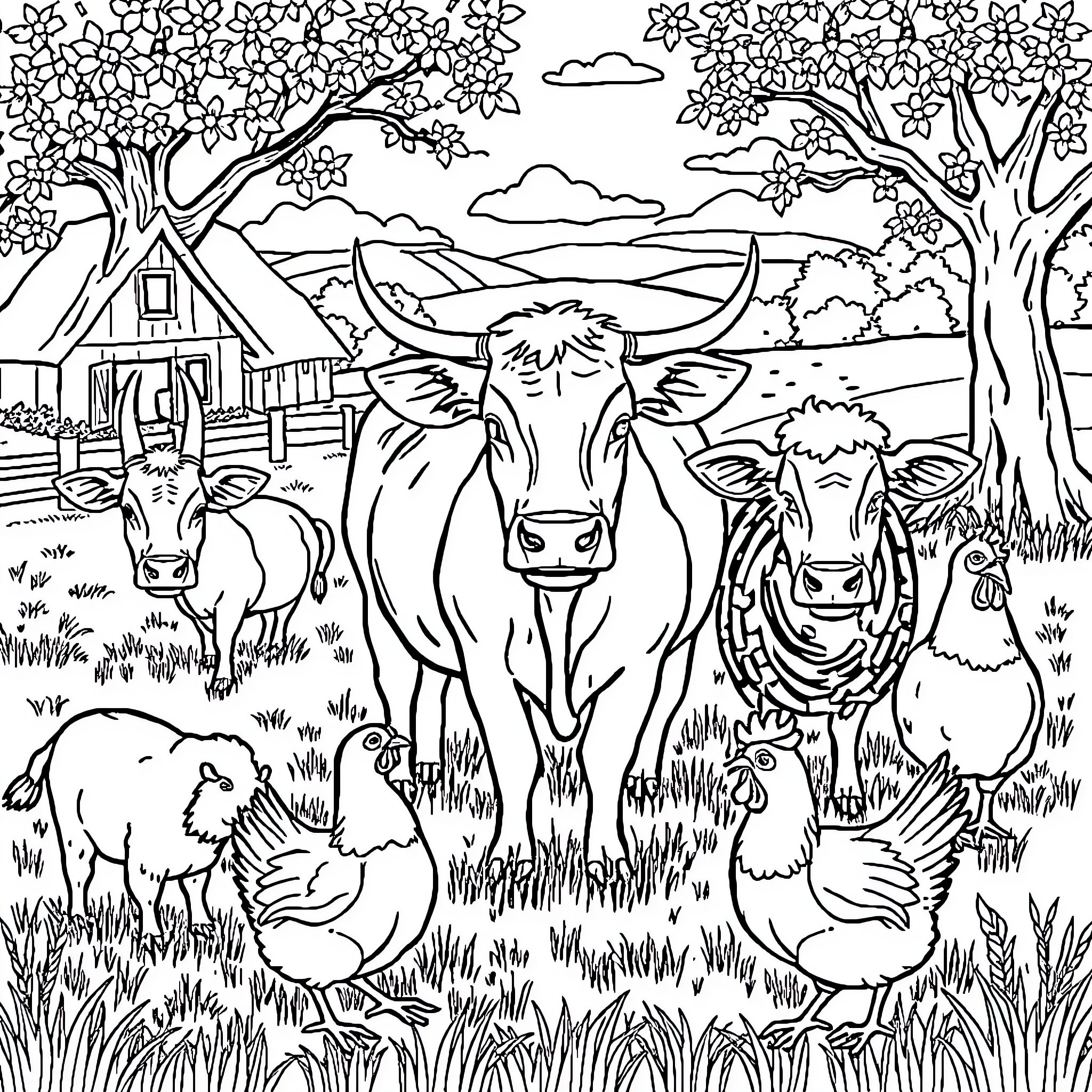 Farm Animal Peaceful Scene with Cattle and Sheep Coloring Page (free black-and-white line drawing printable PDF for all, from beginners to advanced learners, including children, teens, adults, and seniors)