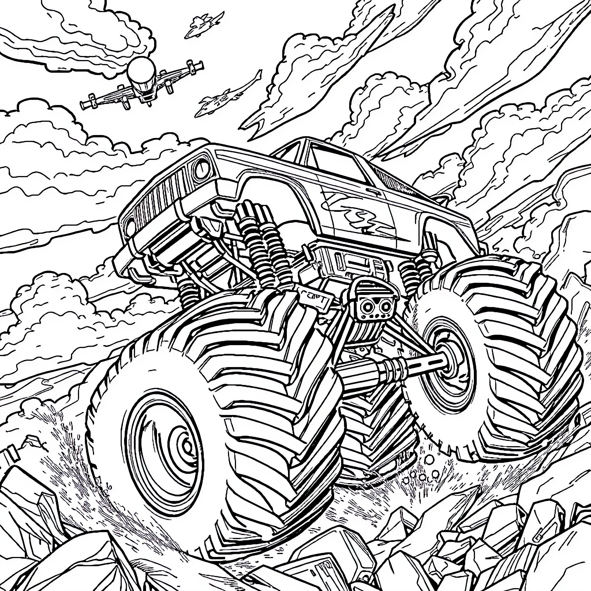Monster Car Crushing Through Rugged Terrain Coloring Page (free black-and-white line drawing printable PDF for all, from beginners to advanced learners, including children, teens, adults, and seniors)