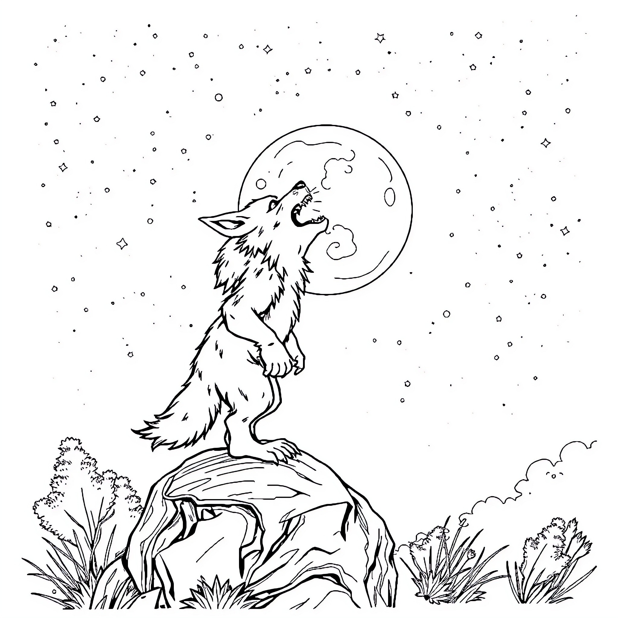 Werewolf howling at the moon in the night sky Coloring Page (free black-and-white line drawing printable PDF for all, from beginners to advanced learners, including children, teens, adults, and seniors)