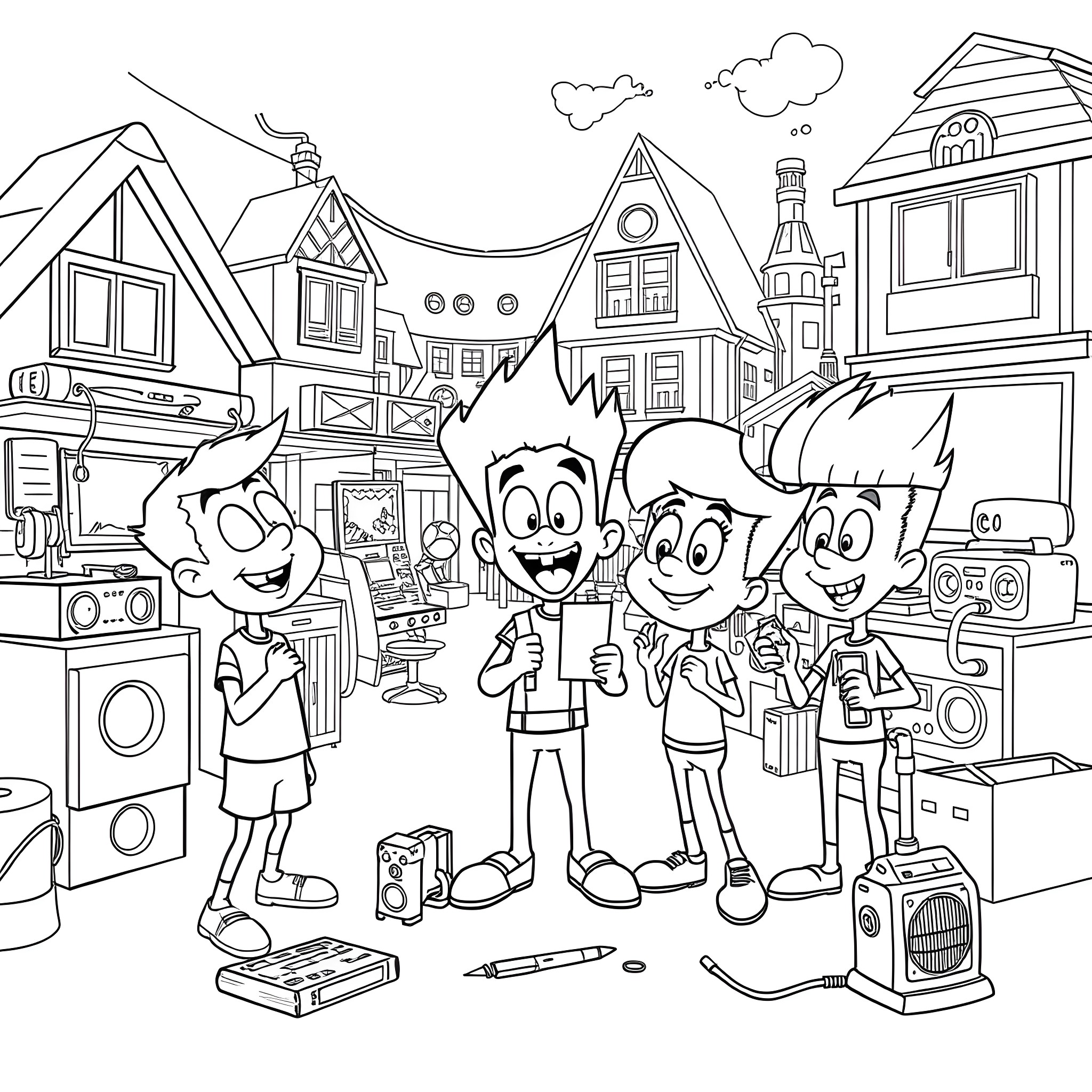 Jimmy Neutron and friends exploring a vibrant town Coloring Page (free black-and-white line drawing printable PDF for all, from beginners to advanced learners, including children, teens, adults, and seniors)