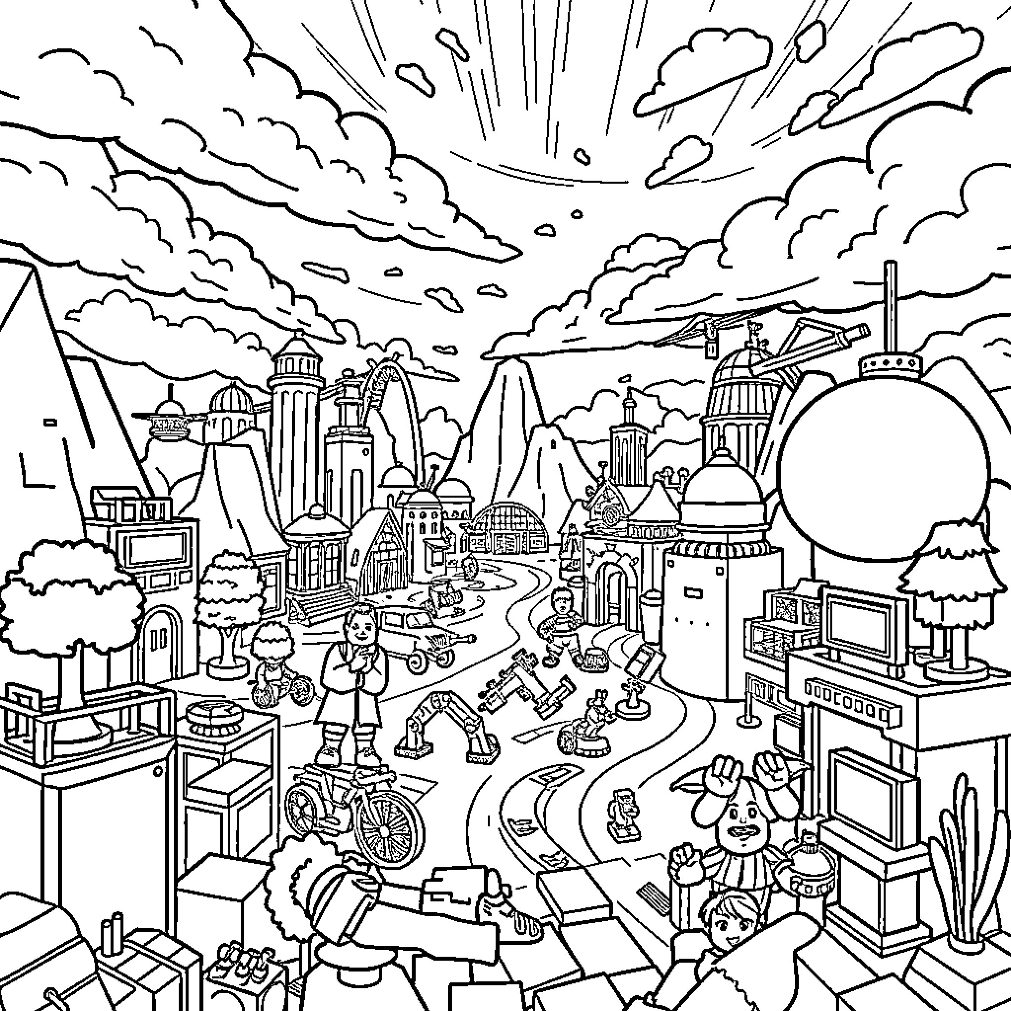 Roblox City Adventure with Characters and Buildings Coloring Page (free black-and-white line drawing printable PDF for all, from beginners to advanced learners, including children, teens, adults, and seniors)