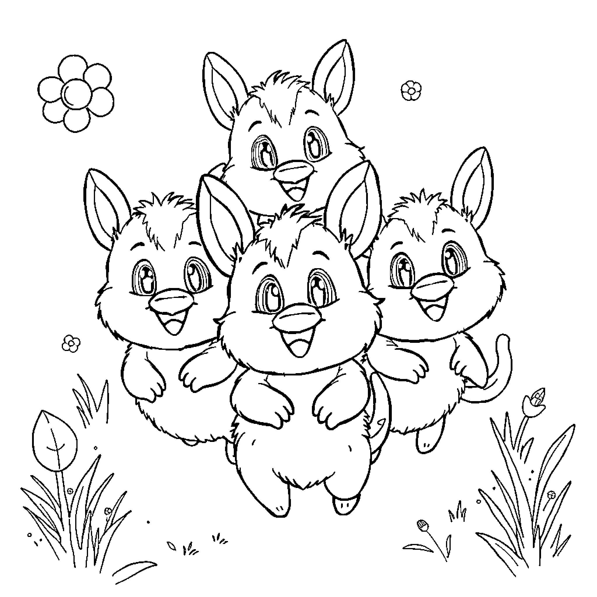 Carinho with Joyful Fluffy Bunnies Coloring Page (free black-and-white line drawing printable PDF for all, from beginners to advanced learners, including children, teens, adults, and seniors)