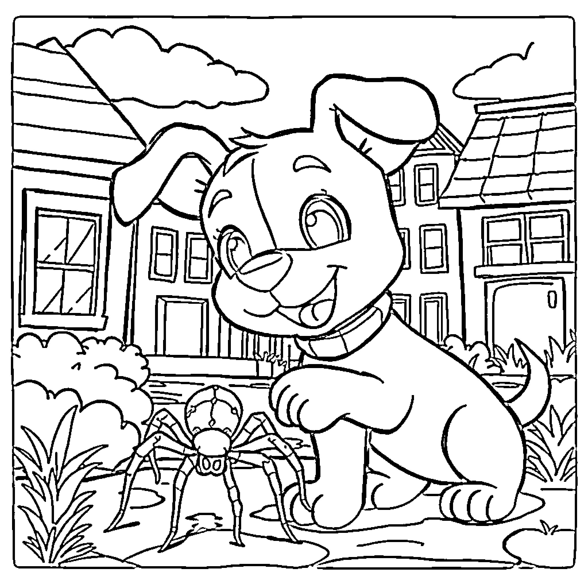 Bluey explores the neighborhood with a spider friend Coloring Page (free black-and-white line drawing printable PDF for all, from beginners to advanced learners, including children, teens, adults, and seniors)