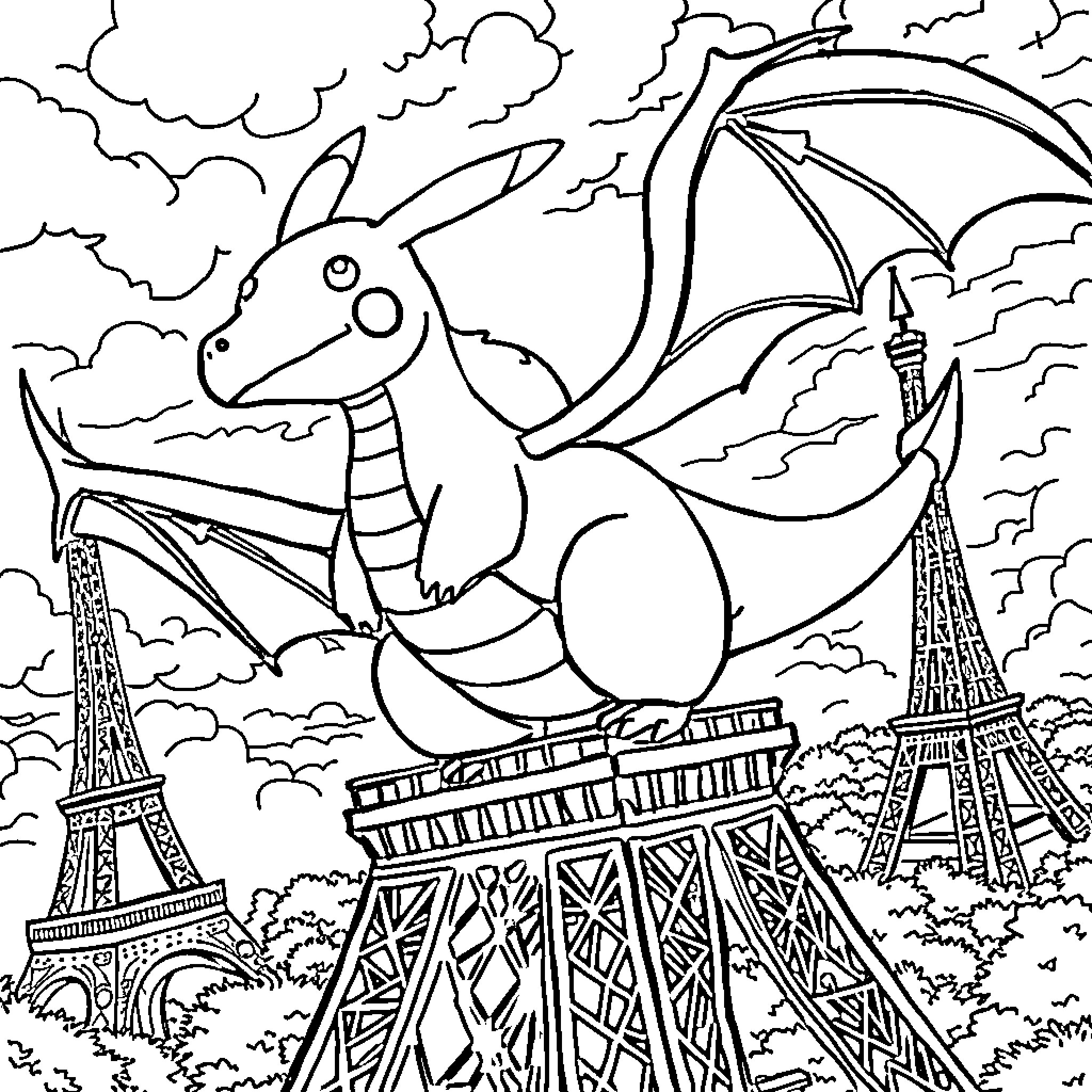 Pikachu as a dragon flying over the Eiffel Tower Coloring Page (free black-and-white line drawing printable PDF for all, from beginners to advanced learners, including children, teens, adults, and seniors)