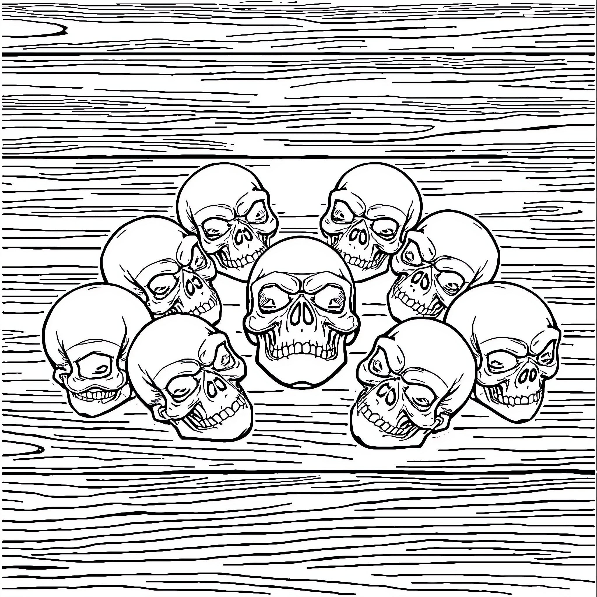 Skull Gathering on Wooden Planks Coloring Page (free black-and-white line drawing printable PDF for all, from beginners to advanced learners, including children, teens, adults, and seniors)