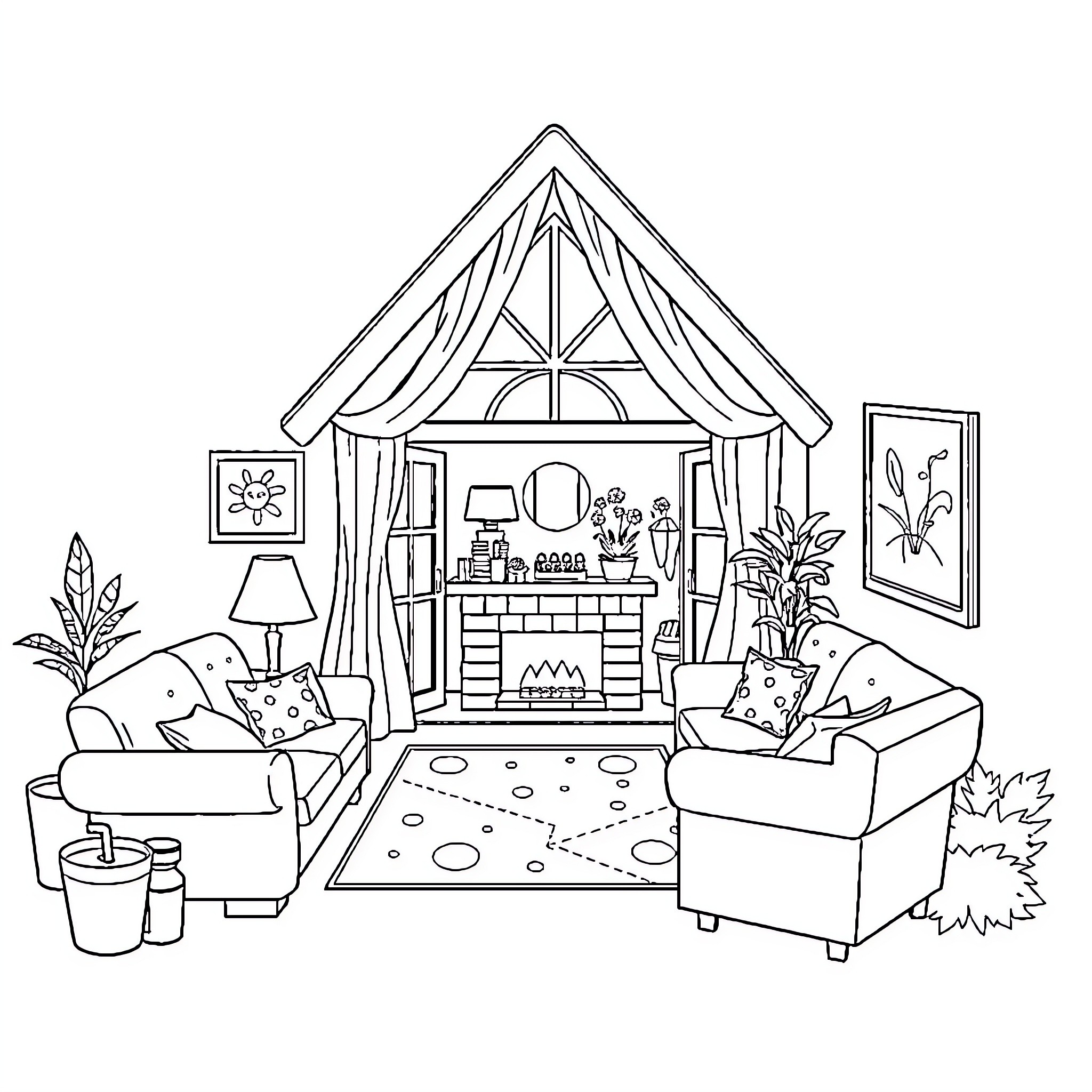 House with cozy living room and fireplace Coloring Page (free black-and-white line drawing printable PDF for all, from beginners to advanced learners, including children, teens, adults, and seniors)