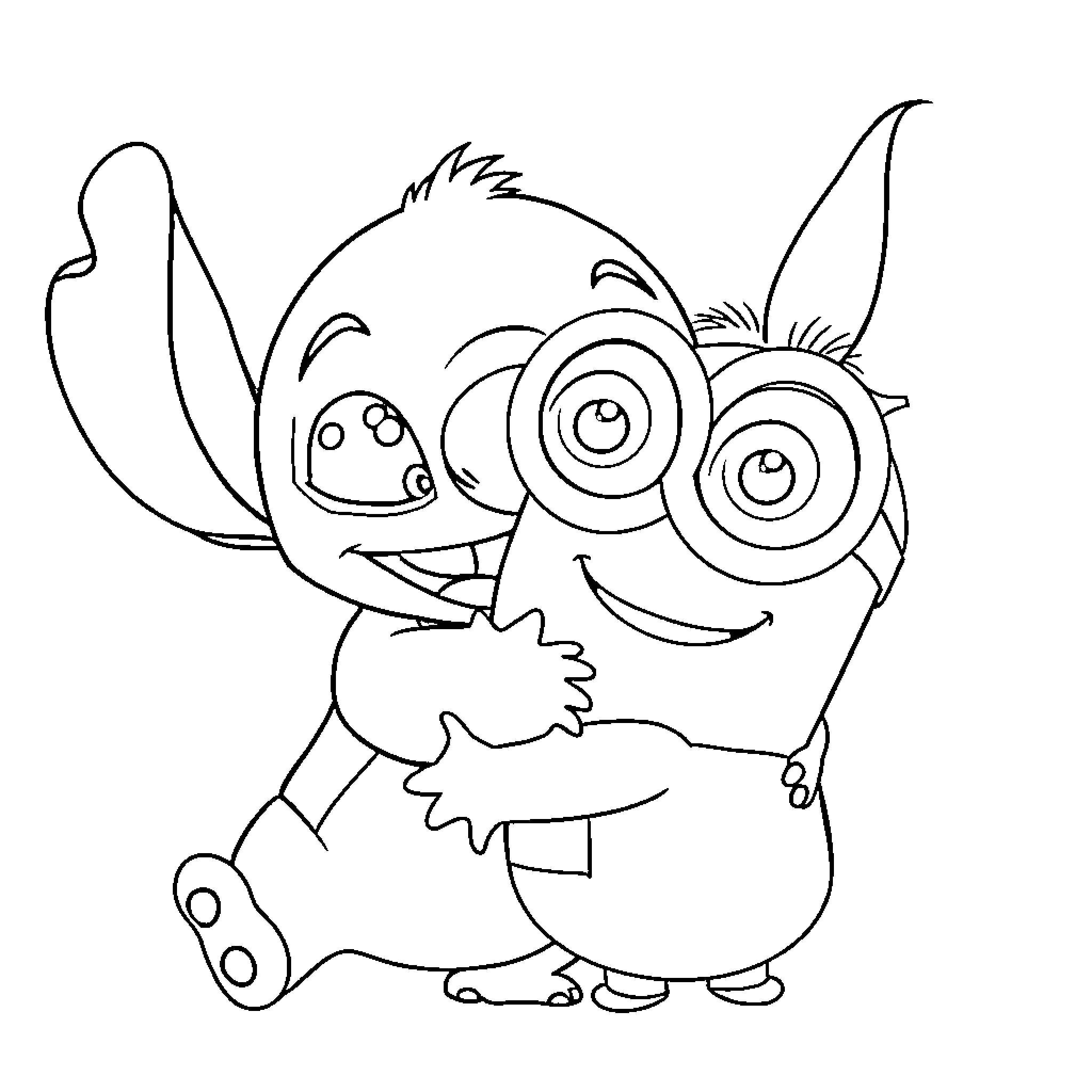 Stitch character posing with big smile Coloring Page (free black-and-white line drawing printable PDF for all, from beginners to advanced learners, including children, teens, adults, and seniors)