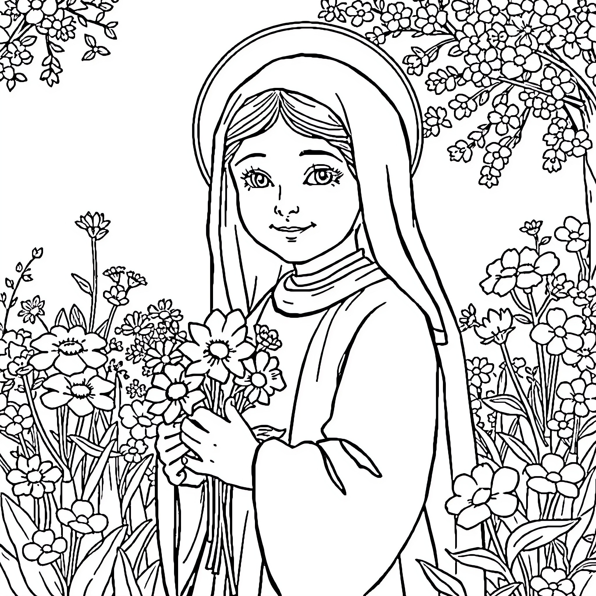 Saint Therese in a Garden of Flowers Coloring Page (free black-and-white line drawing printable PDF for all, from beginners to advanced learners, including children, teens, adults, and seniors)