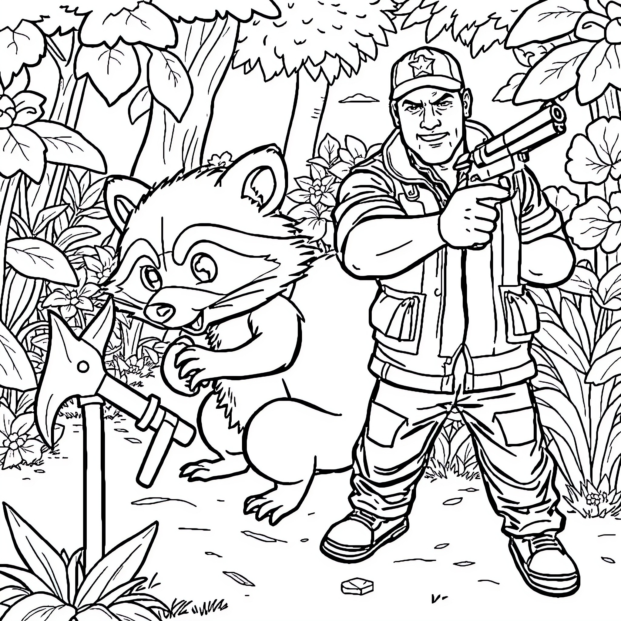 Raccoon and Ranger in the Wilderness Coloring Page (free black-and-white line drawing printable PDF for all, from beginners to advanced learners, including children, teens, adults, and seniors)