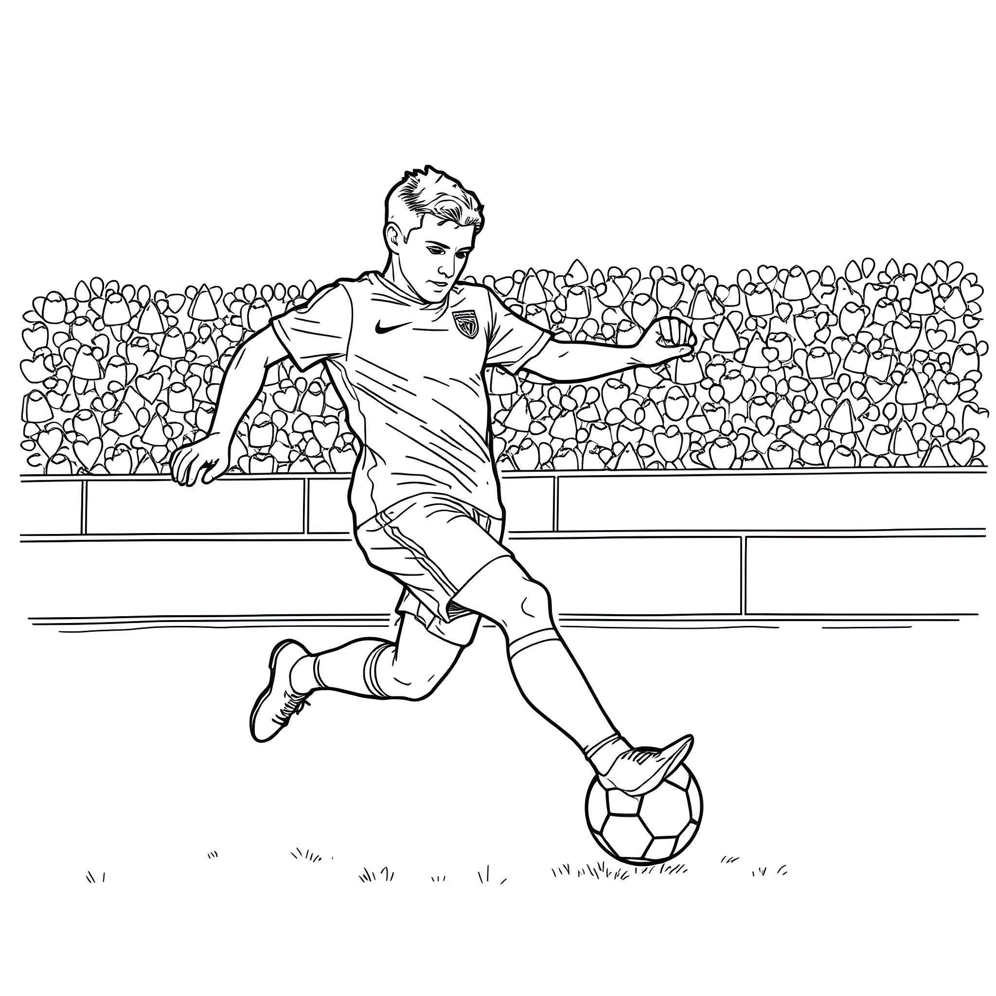 Football Player Dribbling with Ball on Field Coloring Page (free black-and-white line drawing printable PDF for all, from beginners to advanced learners, including children, teens, adults, and seniors)