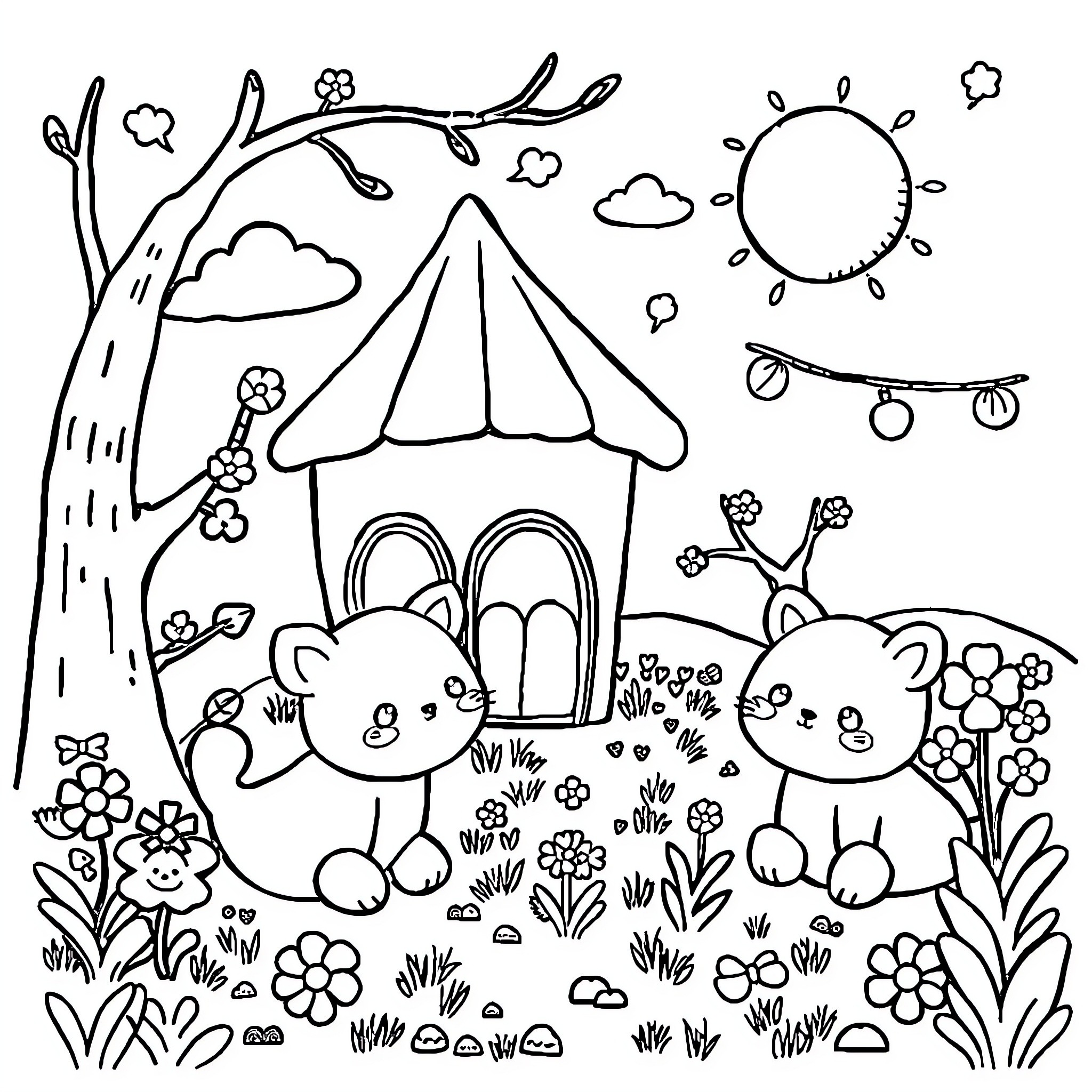 Kawaii Bunnies Frolicking in Nature Coloring Page (free black-and-white line drawing printable PDF for all, from beginners to advanced learners, including children, teens, adults, and seniors)