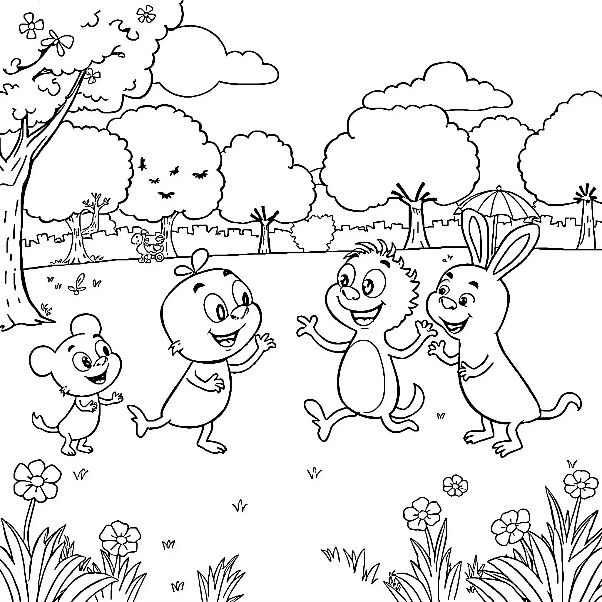 Plim Plim's Joyful Romp in the Whimsical Outdoors Coloring Page (free black-and-white line drawing printable PDF for all, from beginners to advanced learners, including children, teens, adults, and seniors)