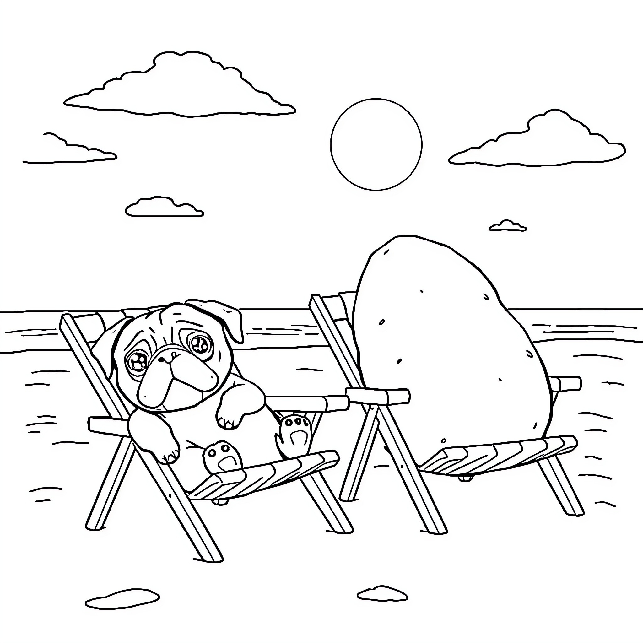 Pug relaxing on beach chairs under the sun Coloring Page (free black-and-white line drawing printable PDF for all, from beginners to advanced learners, including children, teens, adults, and seniors)