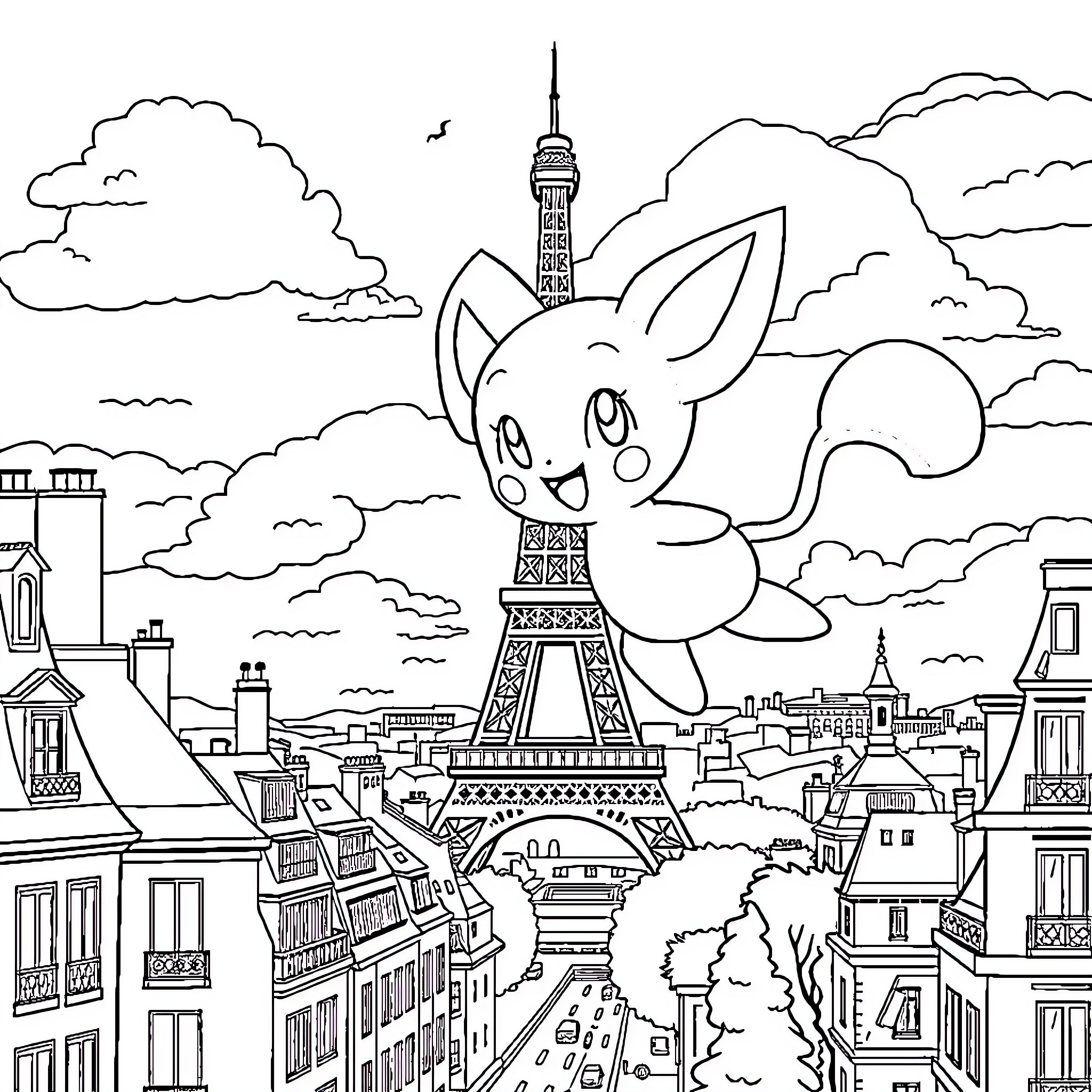 Mew Playing Happily in Iconic City Skyline Coloring Page (free black-and-white line drawing printable PDF for all, from beginners to advanced learners, including children, teens, adults, and seniors)
