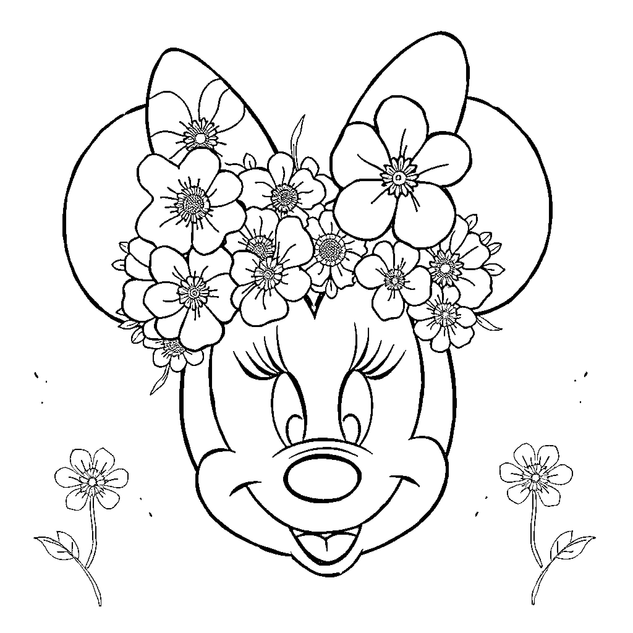 Minnie Mouse with floral headpiece and happy expression Coloring Page (free black-and-white line drawing printable PDF for all, from beginners to advanced learners, including children, teens, adults, and seniors)