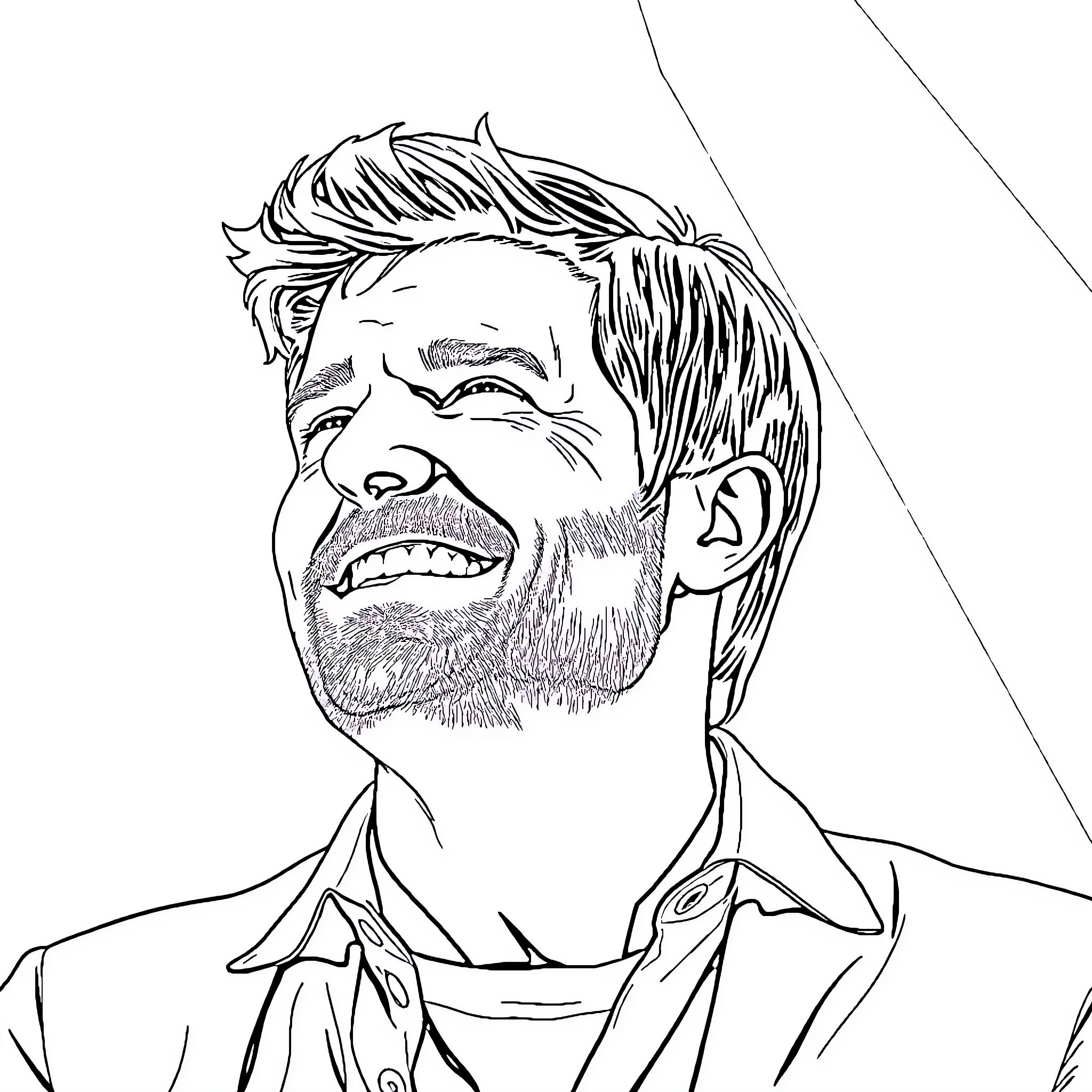 Thomas Gibson smiling and laughing in a close-up portrait Coloring Page (free black-and-white line drawing printable PDF for all, from beginners to advanced learners, including children, teens, adults, and seniors)