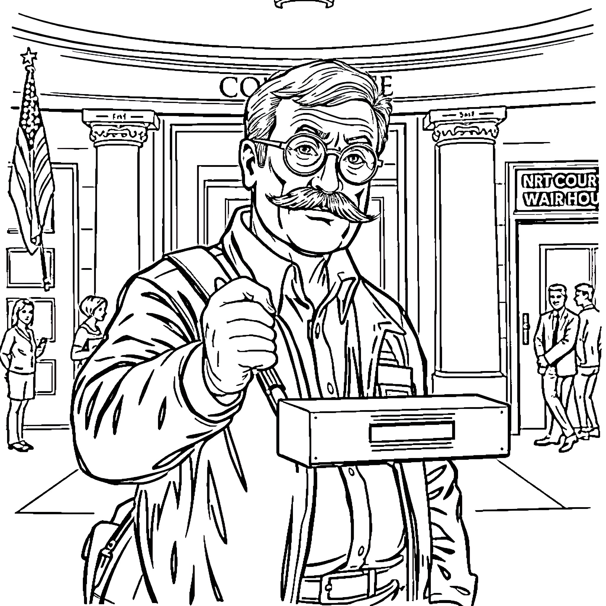 Man giving a speech in a courtroom setting Coloring Page (free black-and-white line drawing printable PDF for all, from beginners to advanced learners, including children, teens, adults, and seniors)