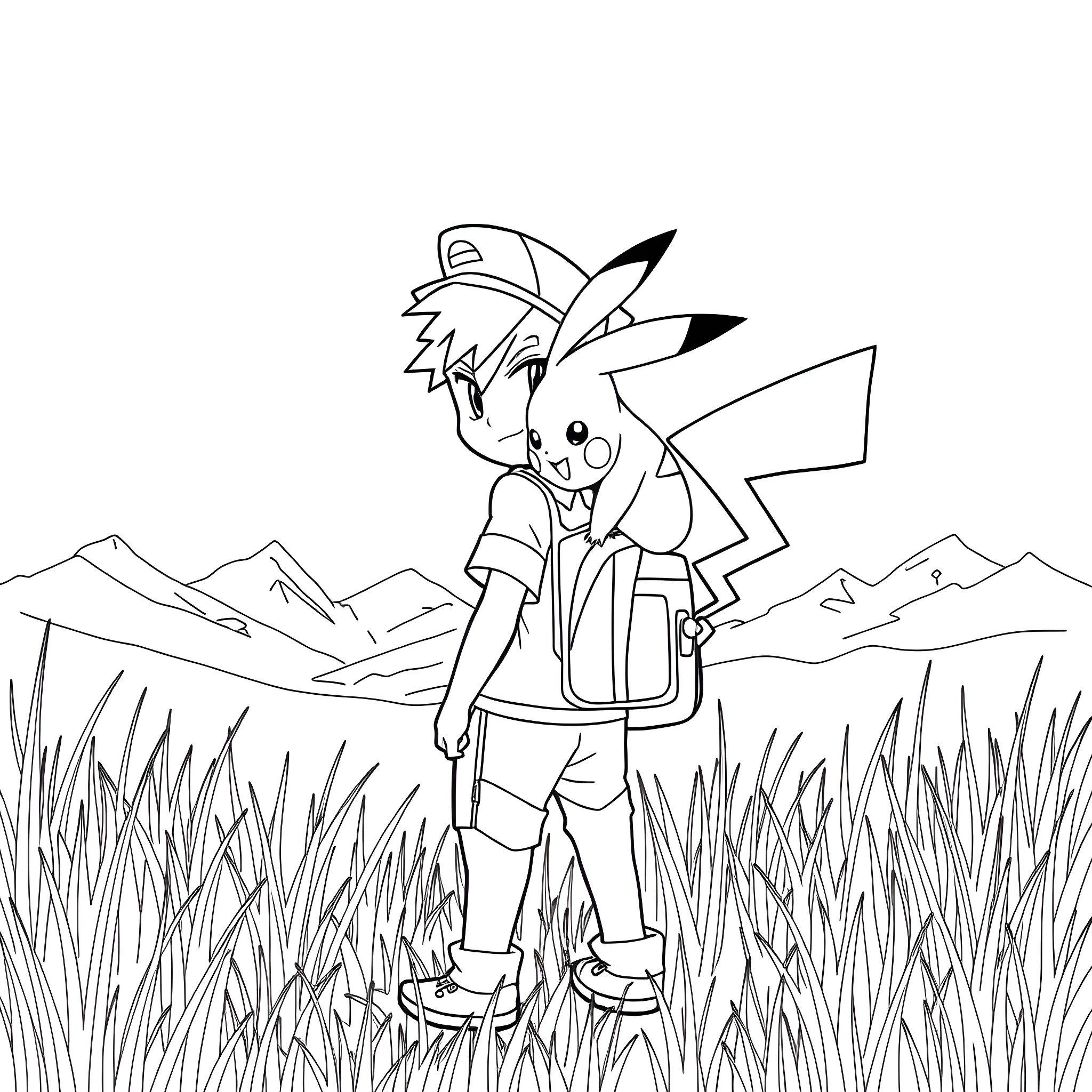 Ash exploring the wilderness Coloring Page (free black-and-white line drawing printable PDF for all, from beginners to advanced learners, including children, teens, adults, and seniors)