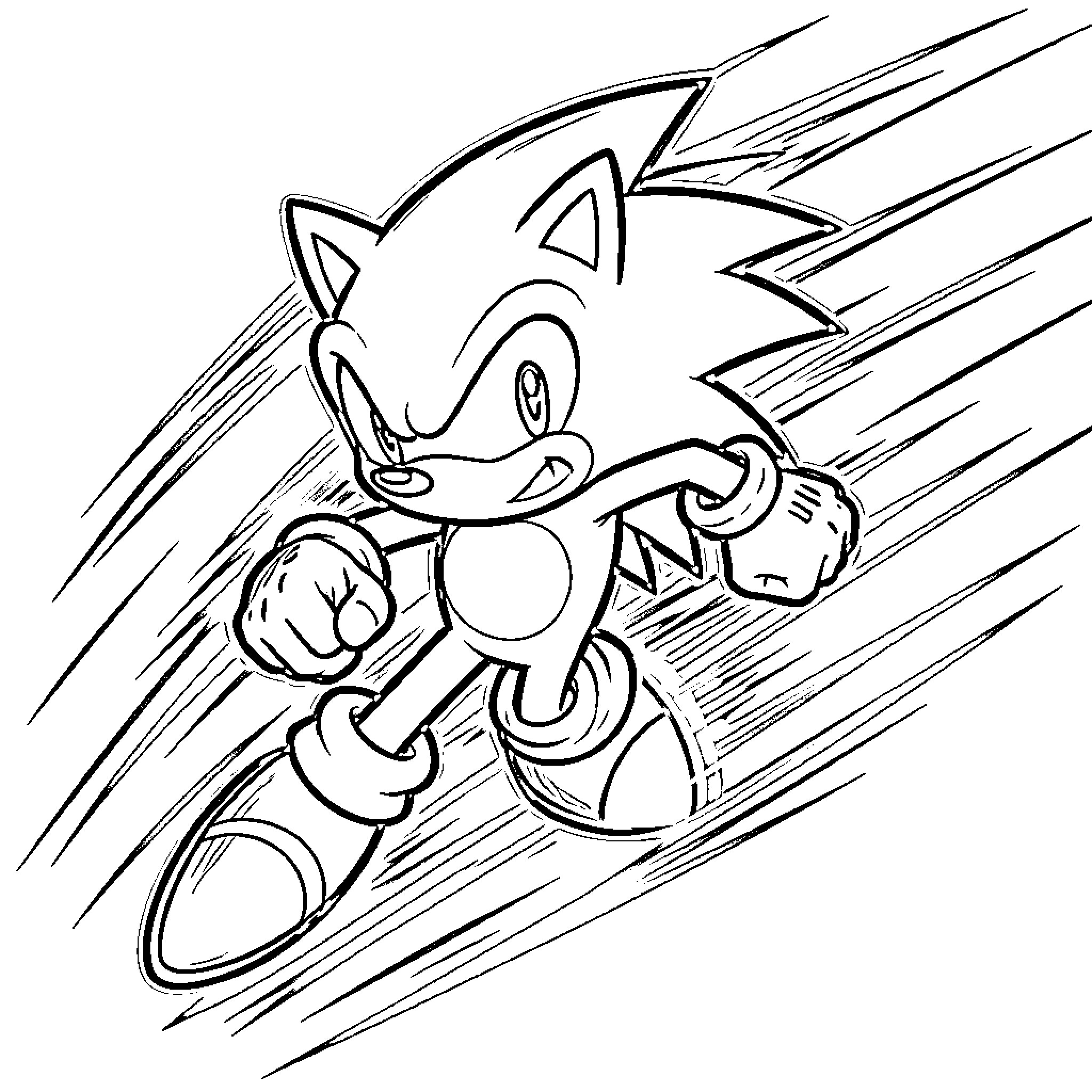 Sonic dashing through a blurred scene Coloring Page (free black-and-white line drawing printable PDF for all, from beginners to advanced learners, including children, teens, adults, and seniors)
