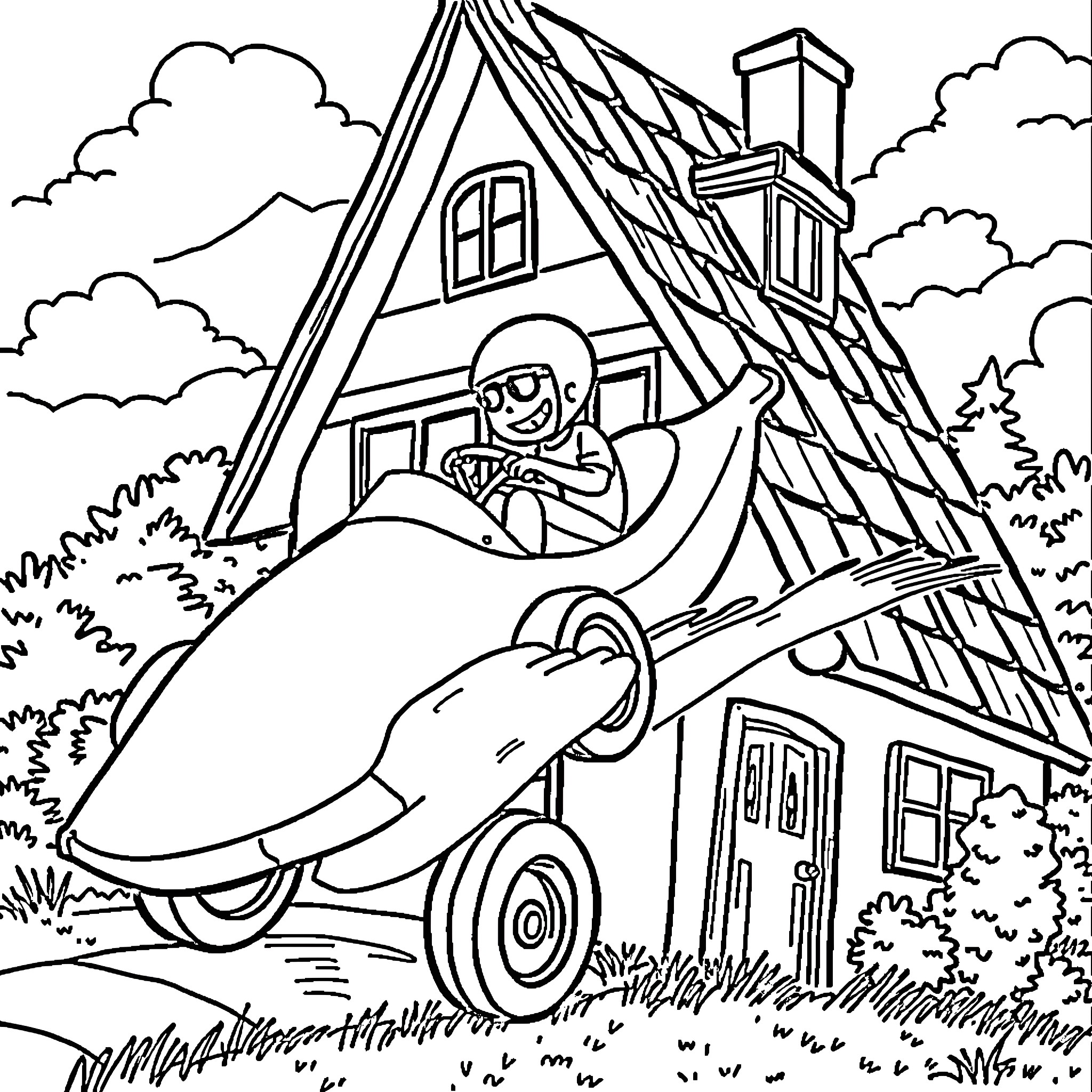 Banana flying down a slide in a toy house Coloring Page (free black-and-white line drawing printable PDF for all, from beginners to advanced learners, including children, teens, adults, and seniors)