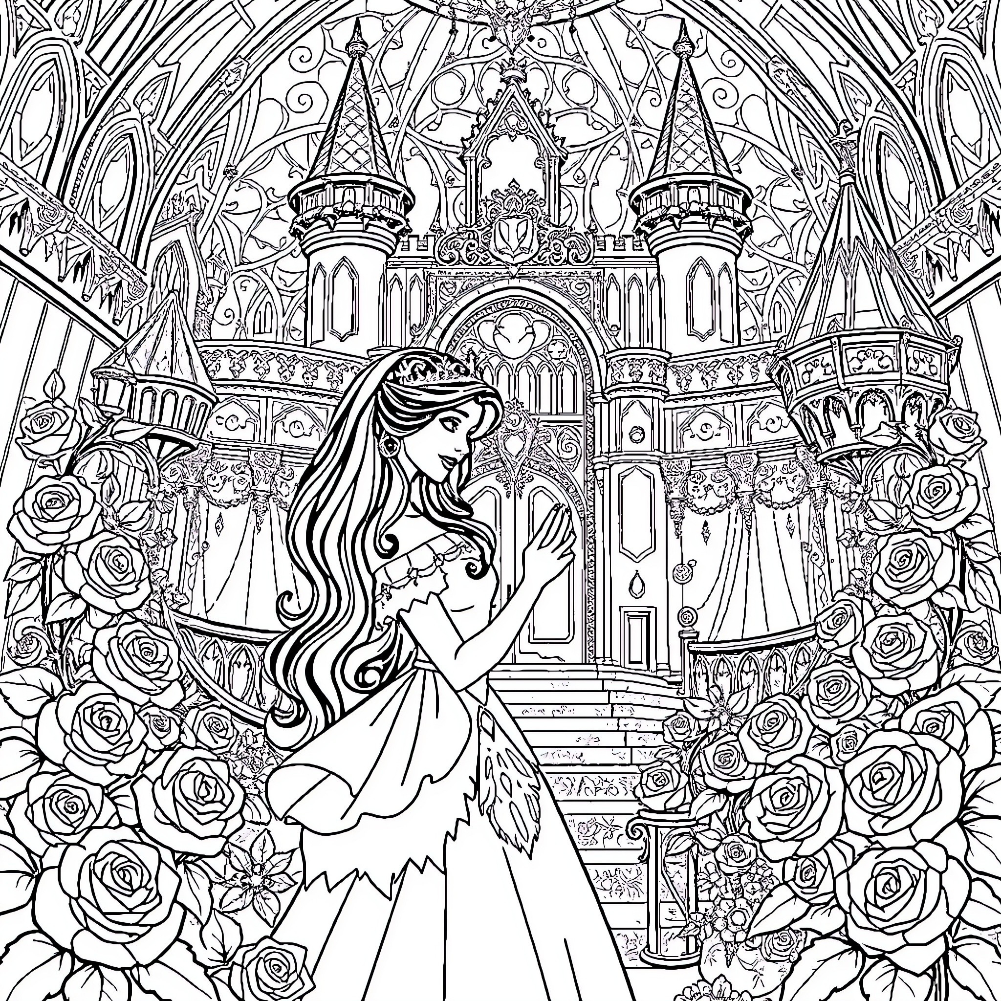 Beauty and Beast - Enchanted Castle and Majestic Couple Coloring Page (free black-and-white line drawing printable PDF for all, from beginners to advanced learners, including children, teens, adults, and seniors)