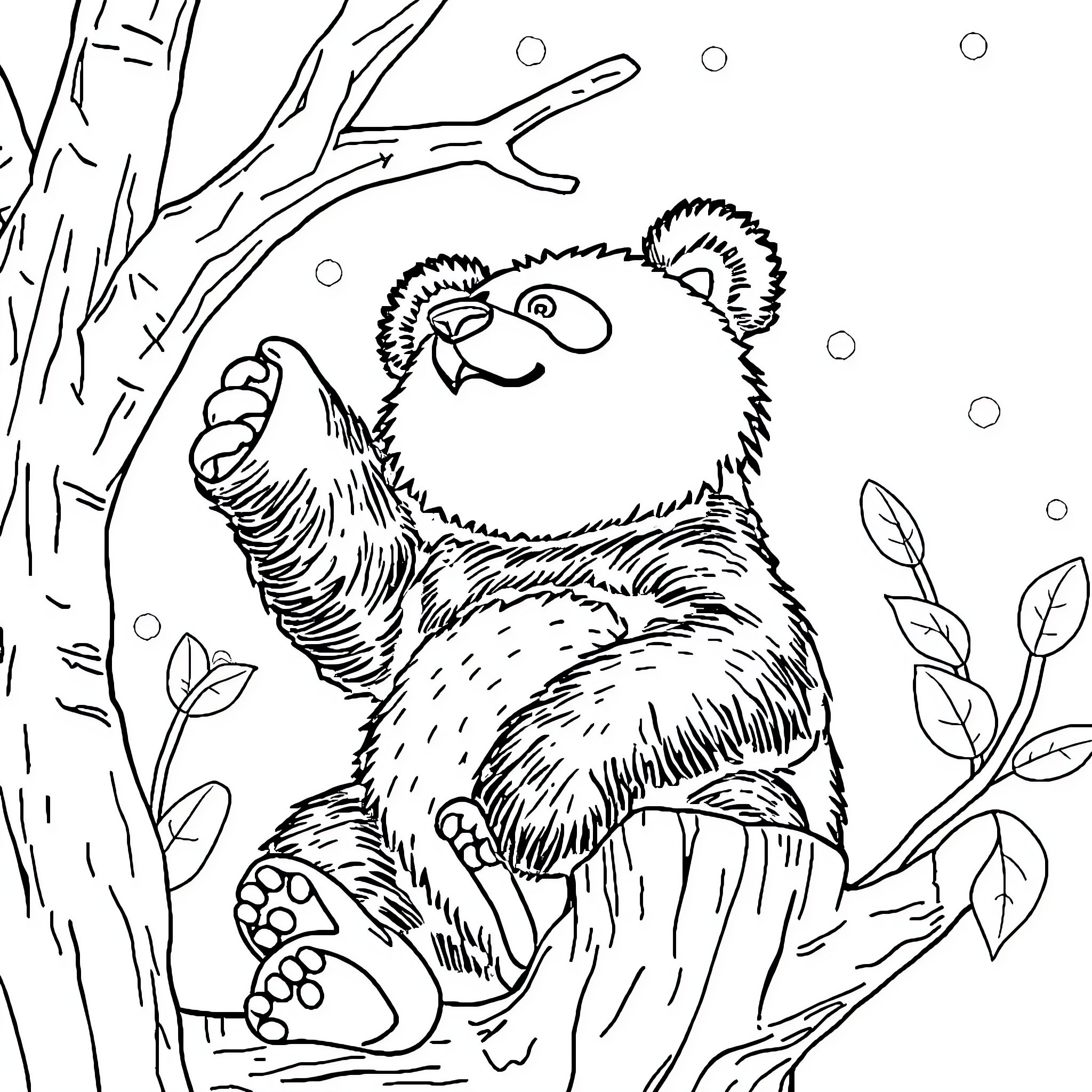 Panda playing joyfully in the snowy forest Coloring Page (free black-and-white line drawing printable PDF for all, from beginners to advanced learners, including children, teens, adults, and seniors)