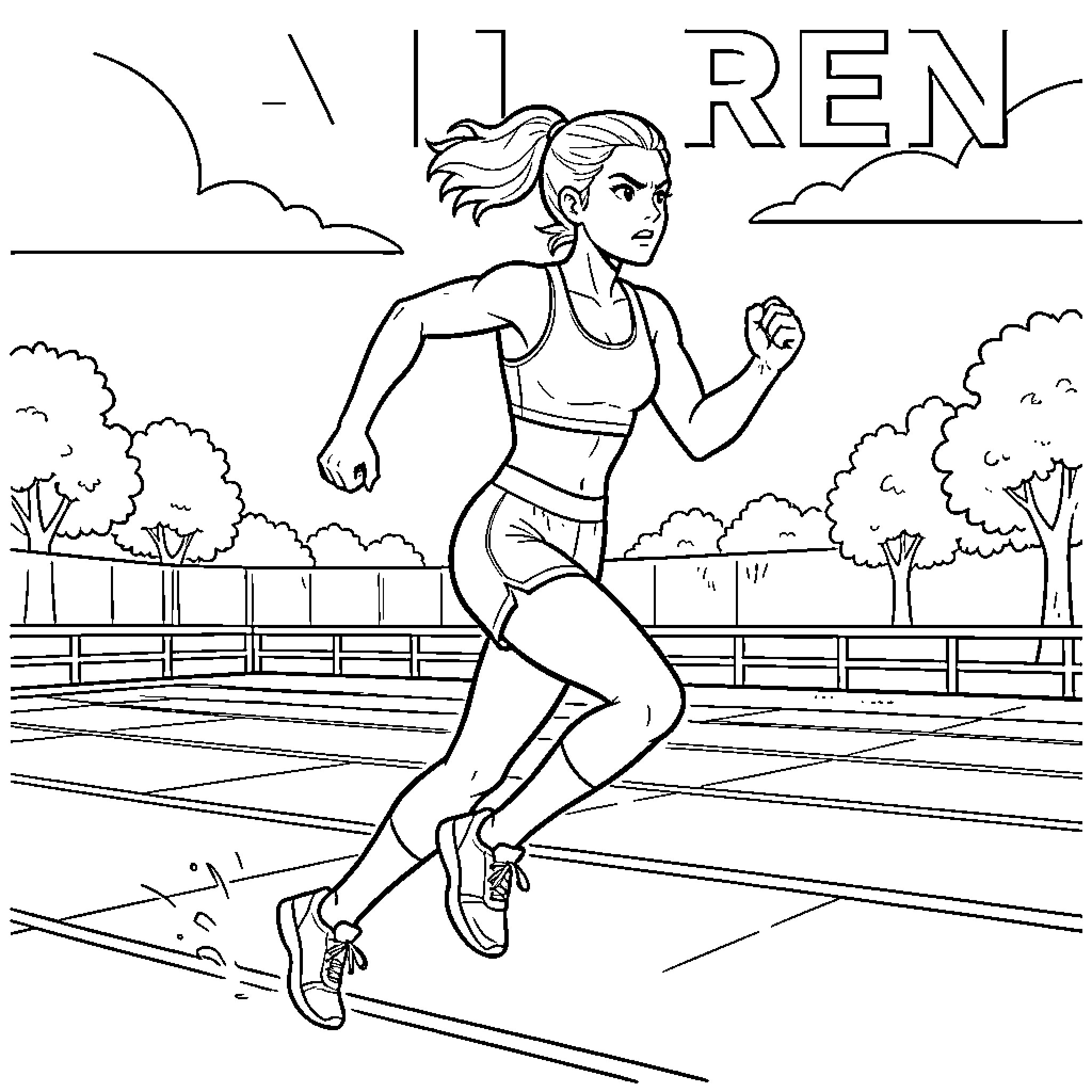 Kai Loren running intensely on a sports track Coloring Page (free black-and-white line drawing printable PDF for all, from beginners to advanced learners, including children, teens, adults, and seniors)