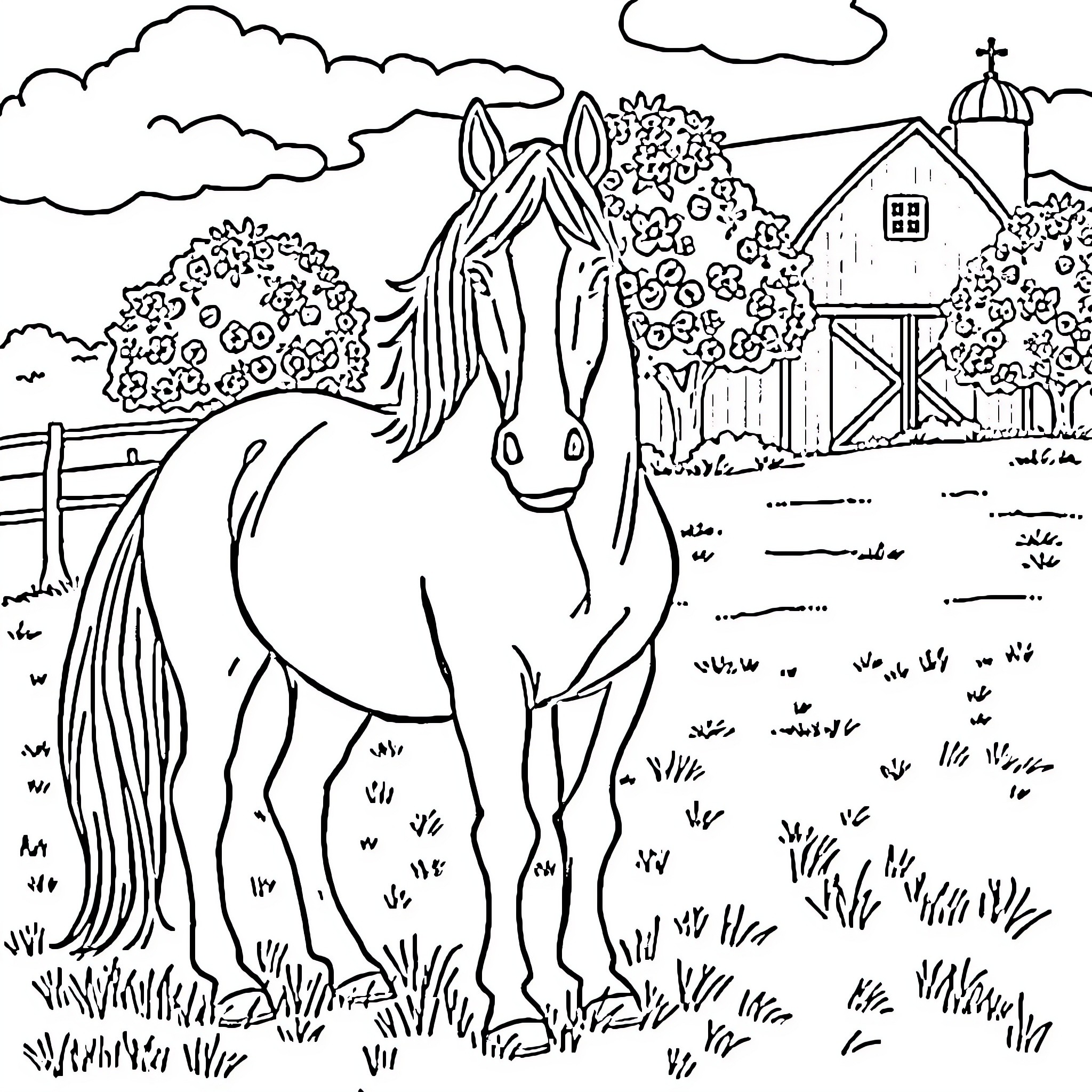 Horse in a Pastoral Farmland Scene Coloring Page (free black-and-white line drawing printable PDF for all, from beginners to advanced learners, including children, teens, adults, and seniors)