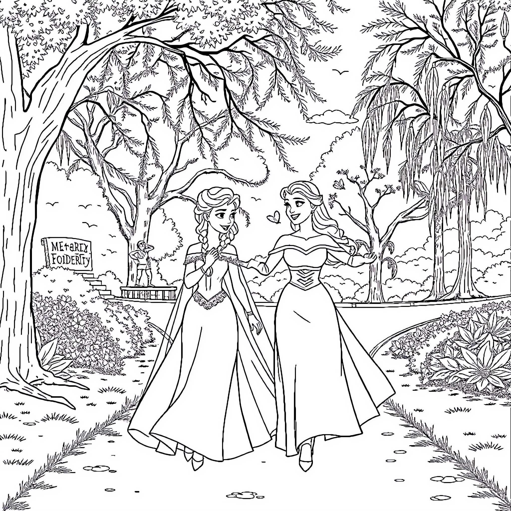 Elsa and Anna strolling in a magical forest Coloring Page (free black-and-white line drawing printable PDF for all, from beginners to advanced learners, including children, teens, adults, and seniors)