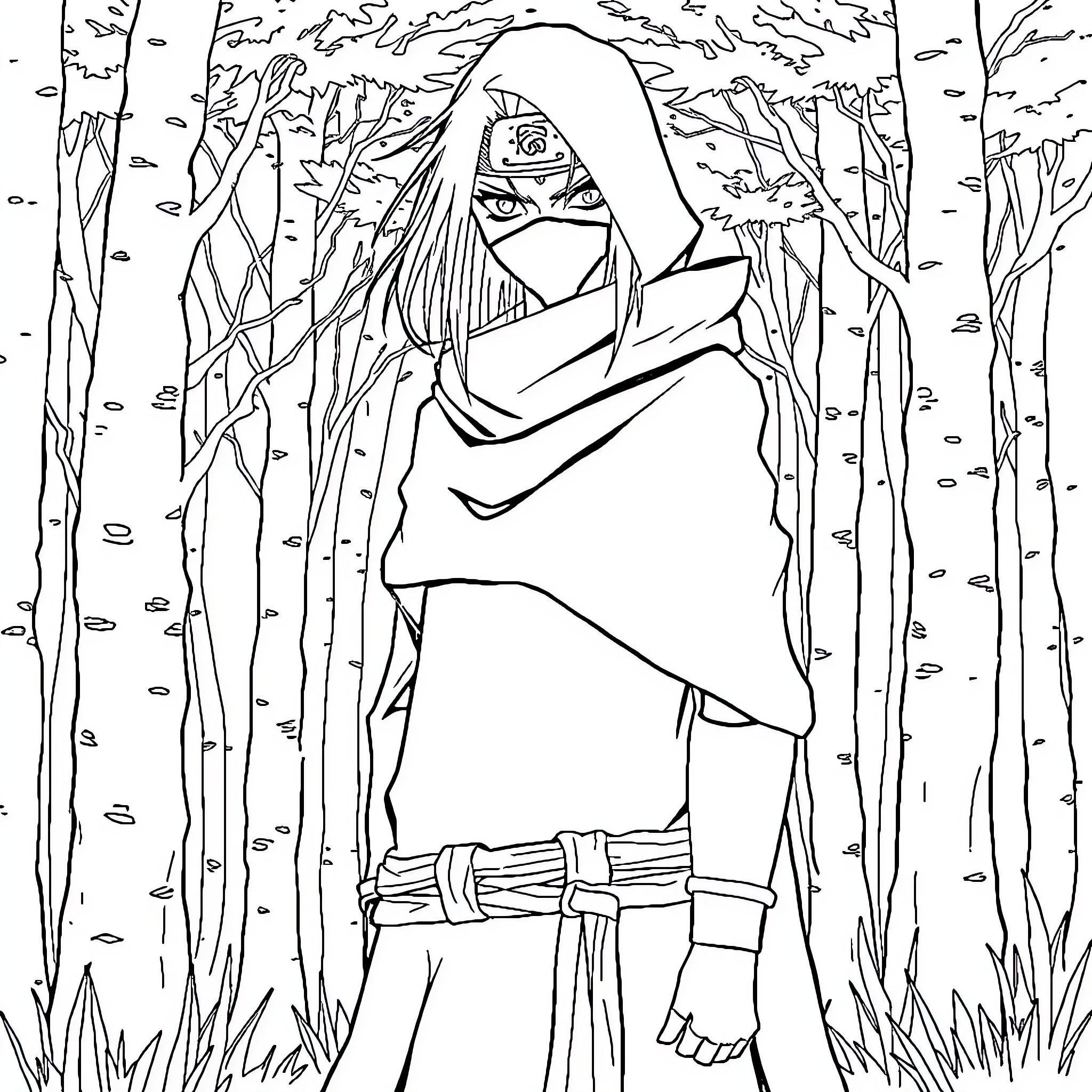 Itachi in the Mysterious Forest Coloring Page (free black-and-white line drawing printable PDF for all, from beginners to advanced learners, including children, teens, adults, and seniors)
